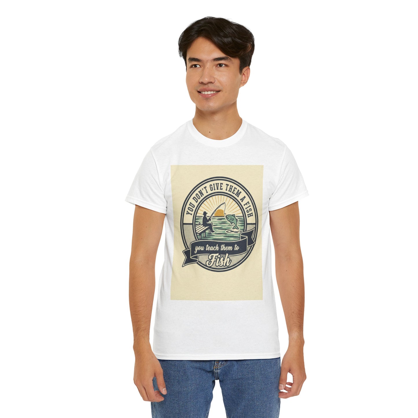 Fishing Vintage Badge T-Shirt — "You Don’t Give Them a Fish, You Teach Them to Fish" Graphic Tee