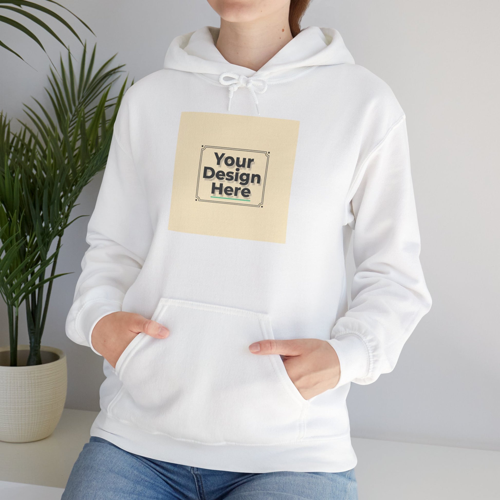 Custom Classic White Hoodie with Centered Square Design Mockup Printify