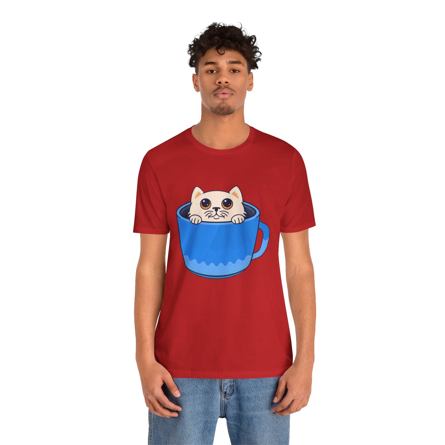 Cat in a Blue Mug T‑Shirt — Cute Kawaii Kitten Tee