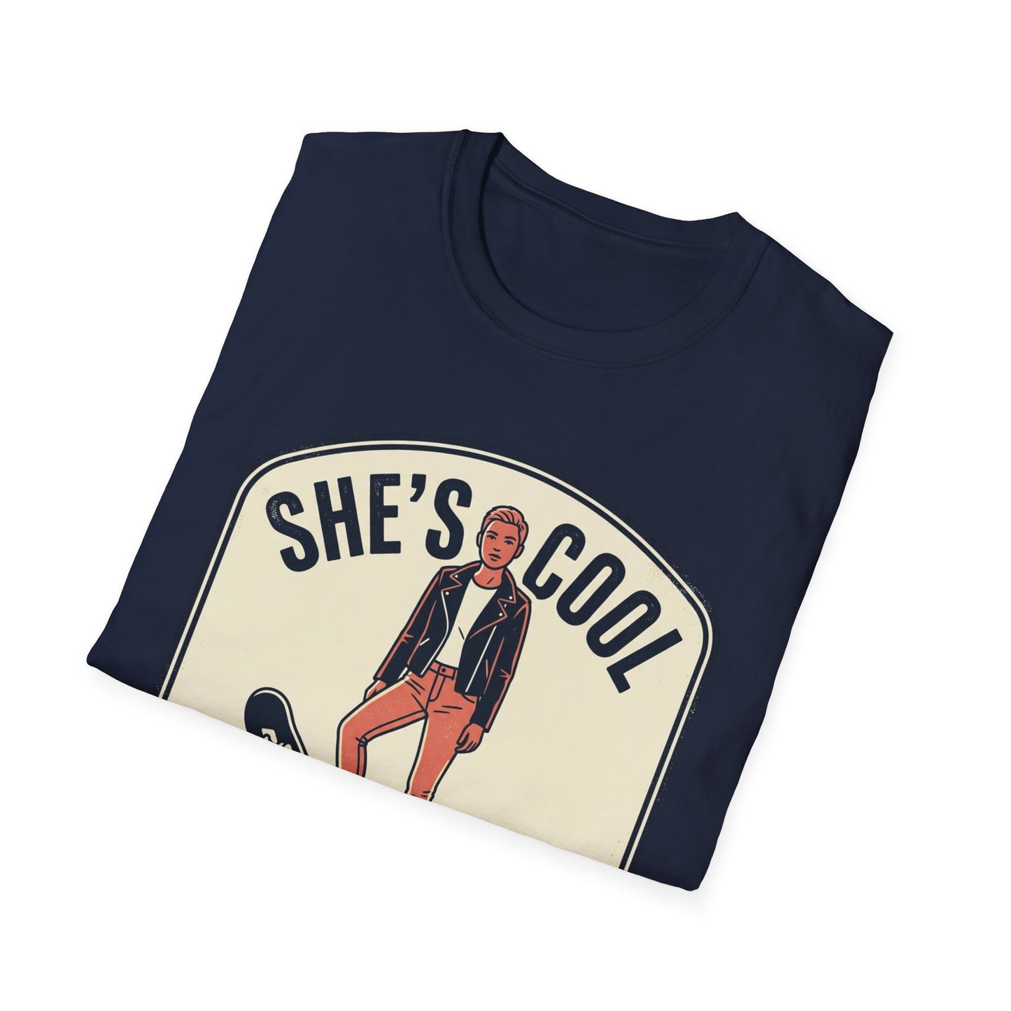 She's Cool Skateboarder T-Shirt — "She's Cool, She Can Ride On It" Retro Graphic Tee