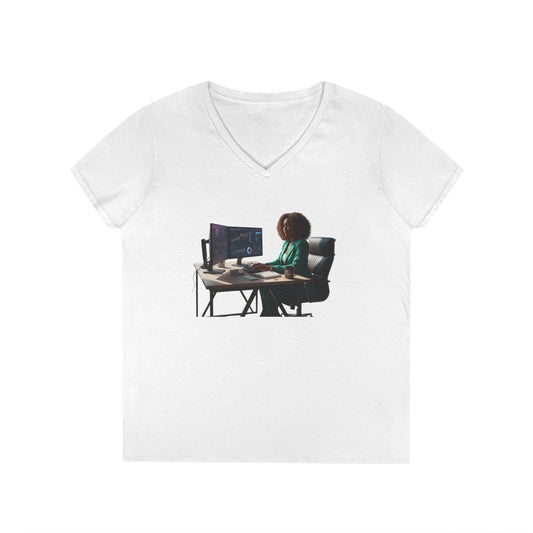 Programmer at Work V-Neck Tee — Female Coder Graphic Shirt