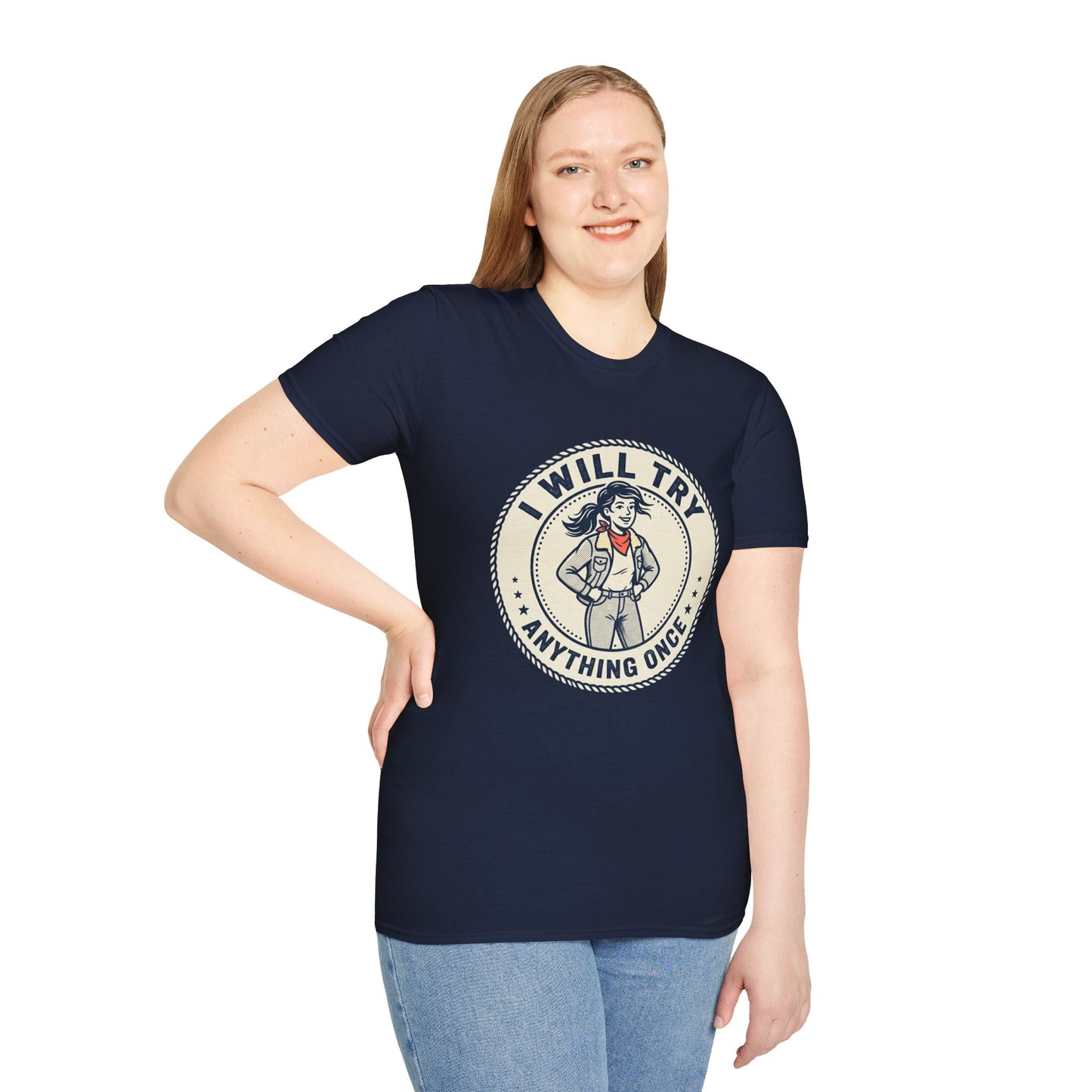 I Will Try Anything Once T-Shirt — Retro Adventurous Vintage Badge Tee