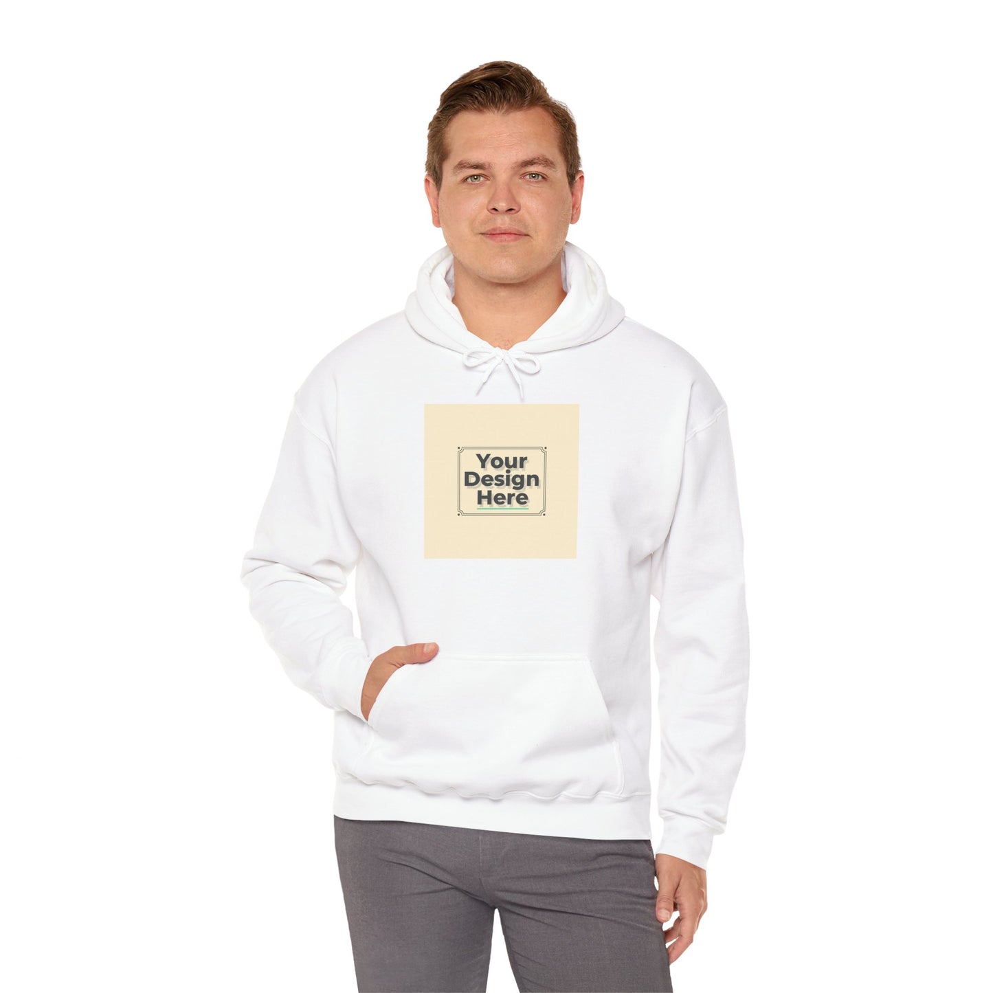 Custom Classic White Hoodie with Centered Square Design Mockup Printify