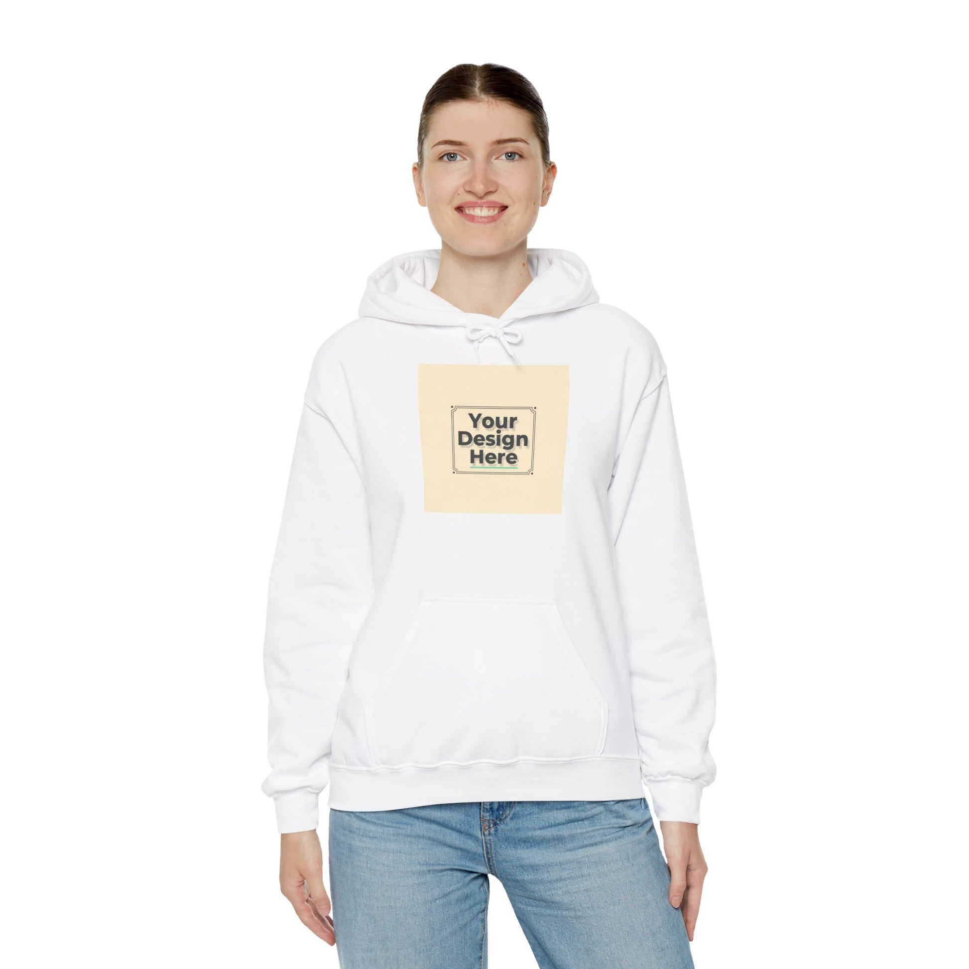 Custom Classic White Hoodie with Centered Square Design Mockup Printify