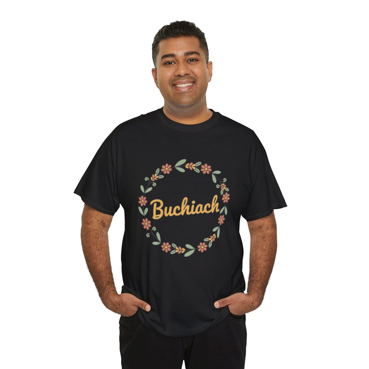 Buchiach Floral Wreath T-Shirt — Retro Script Garden Tee Printify
