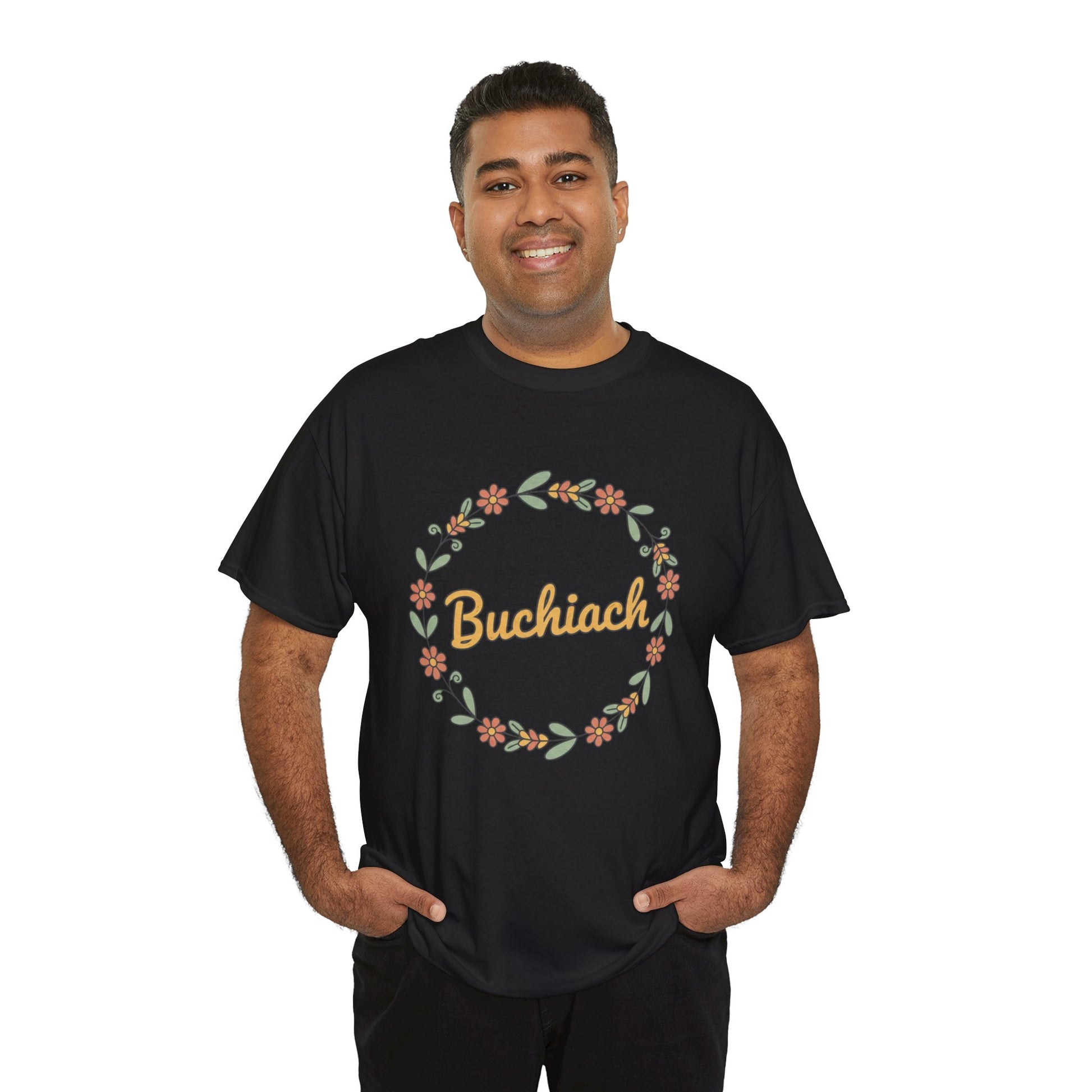 Buchiach Floral Wreath T-Shirt — Retro Script Garden Tee Printify