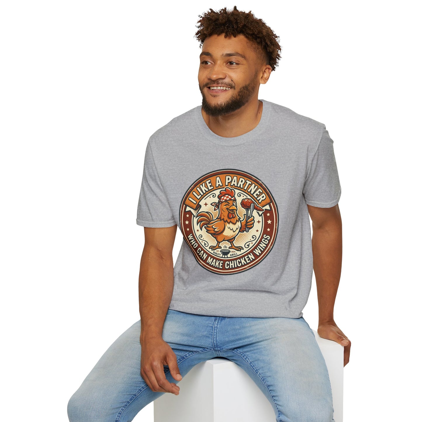 Funny Chicken Wings T-Shirt — "I Like A Partner Who Can Make Chicken Wings" Crew Tee