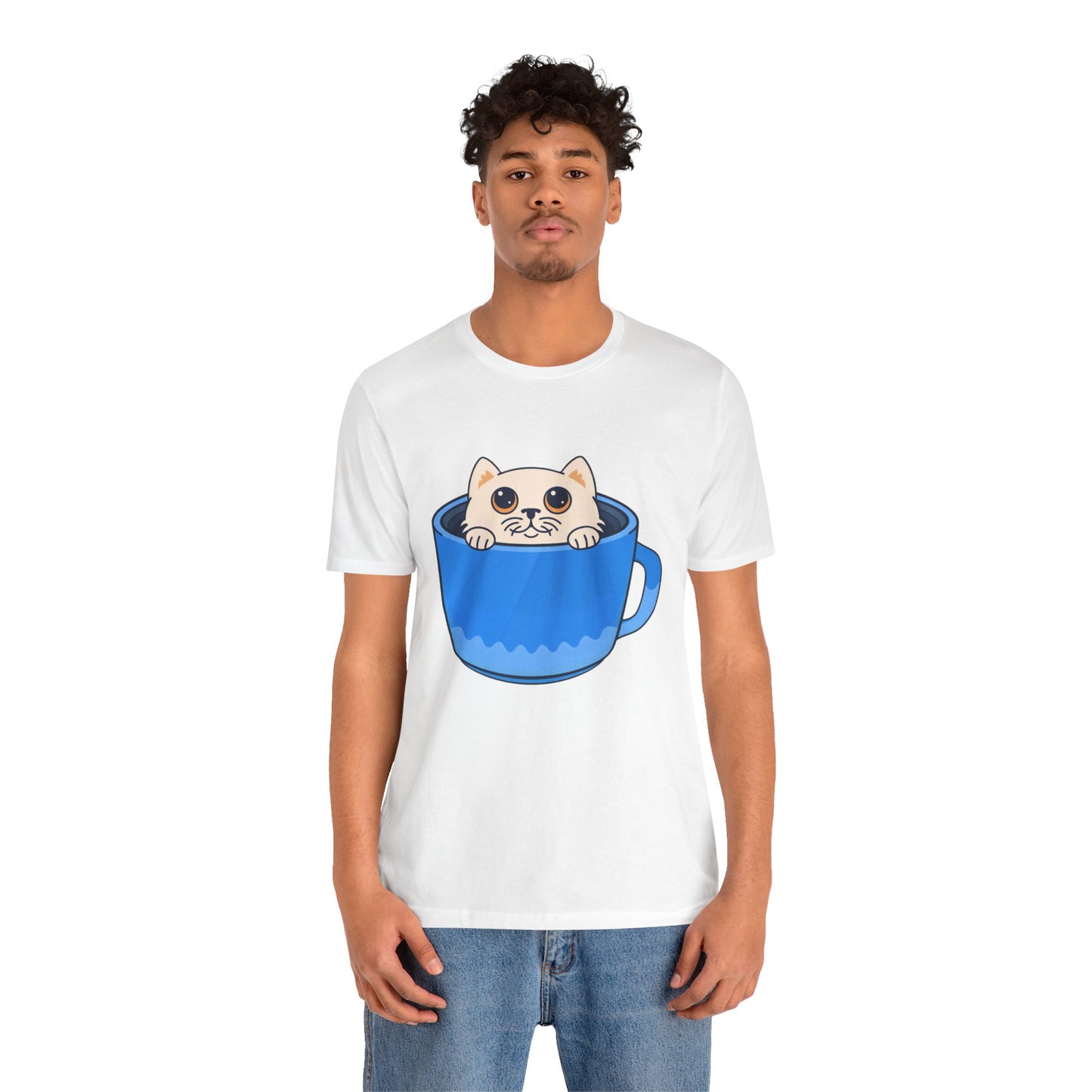 Cat in a Blue Mug T‑Shirt — Cute Kawaii Kitten Tee