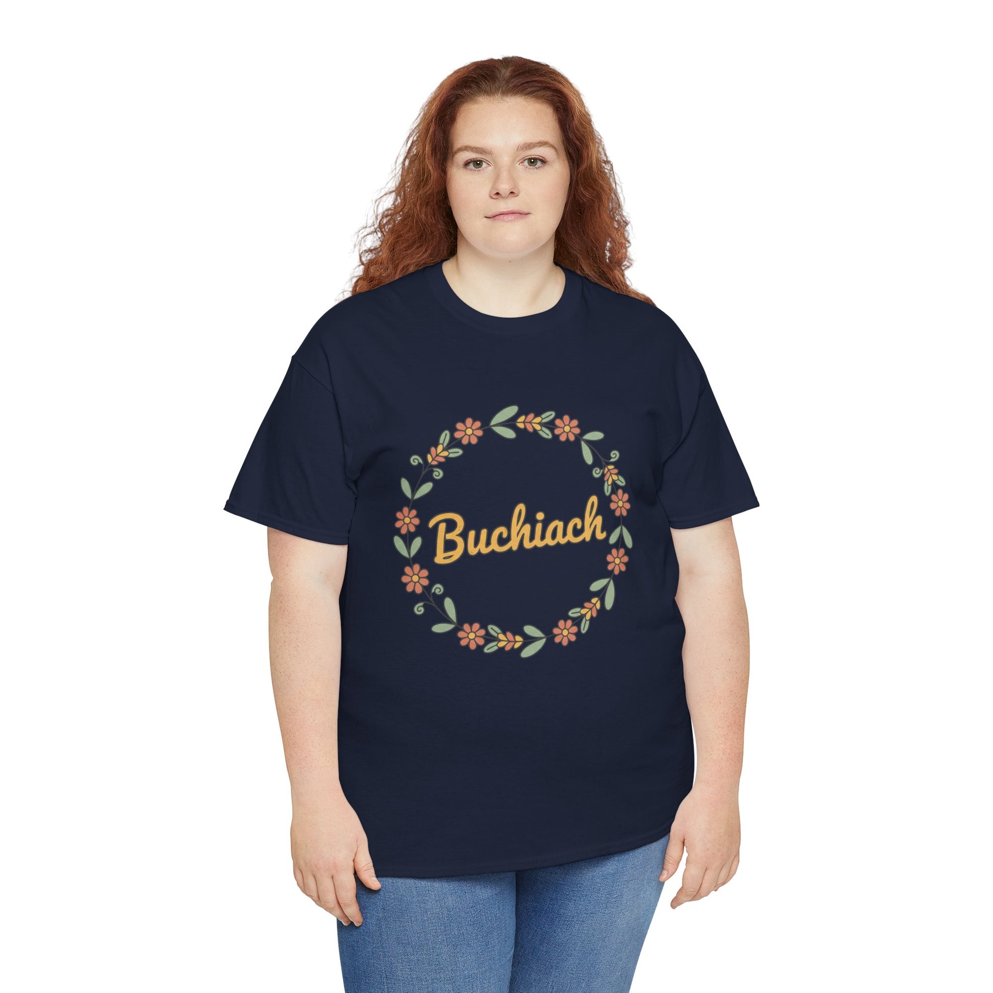 Buchiach Floral Wreath T-Shirt — Retro Script Garden Tee Printify