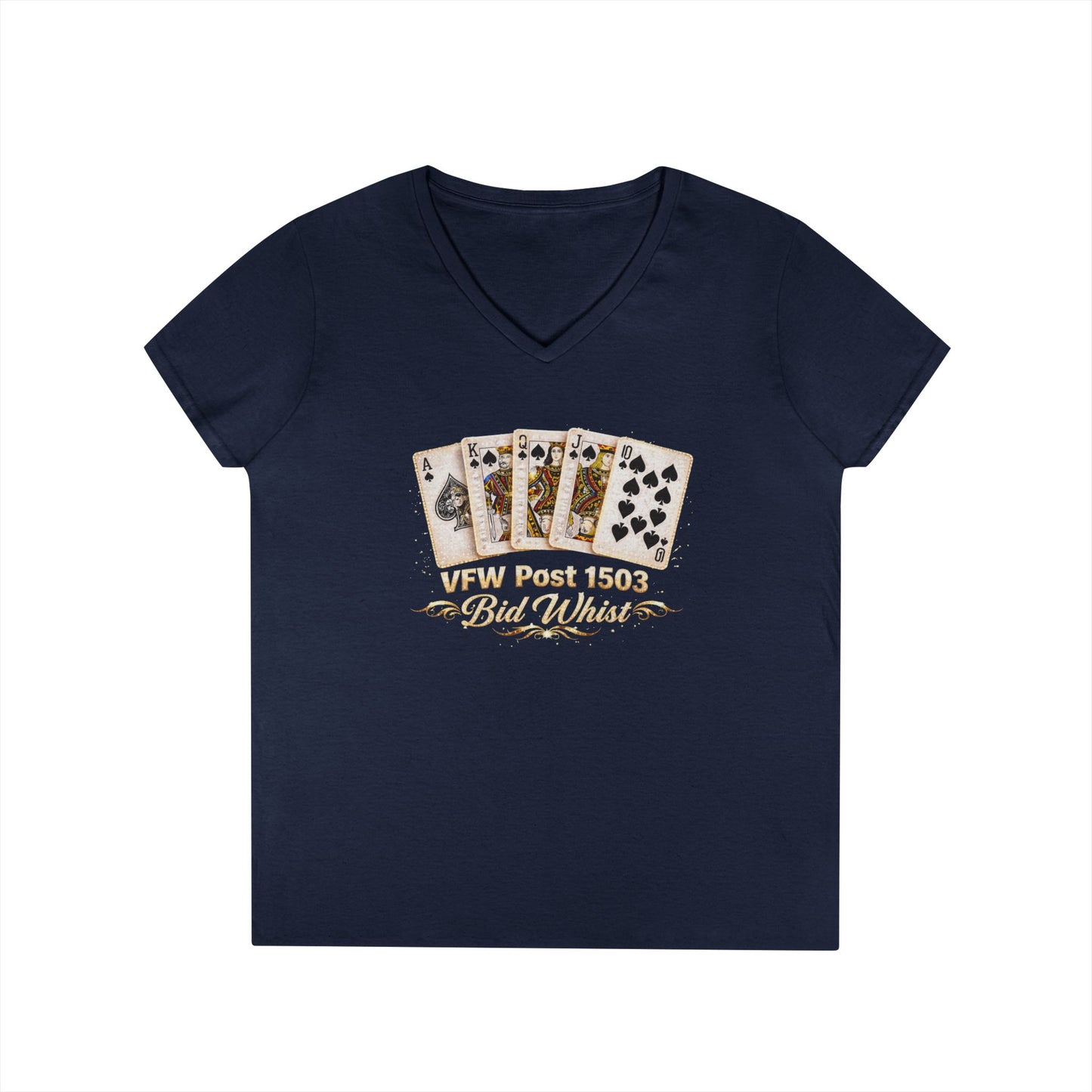 Ladies' V-Neck T-Shirt — Vintage Playing Cards "VFW Post 1503" Graphic Printify