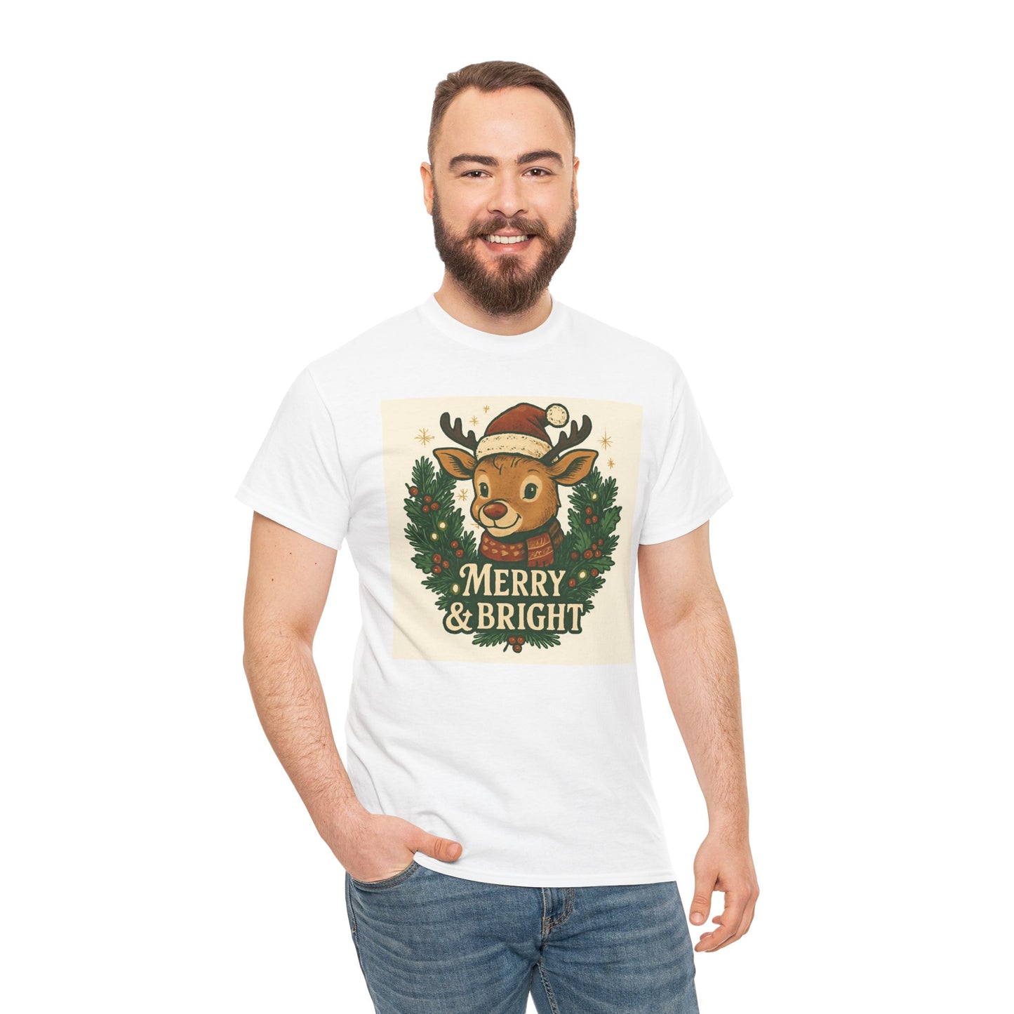 Merry & Bright Reindeer Christmas T-Shirt Printify