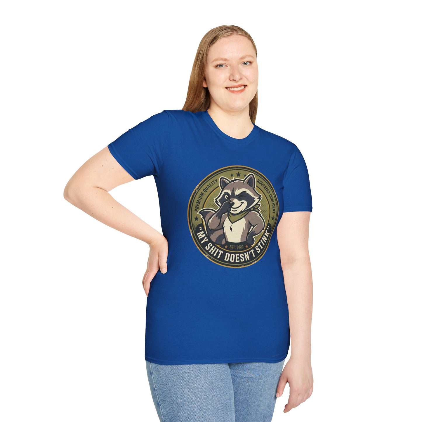 Raccoon Badge T-Shirt — "My Shit Doesn't Stink" Funny Graphic Tee Printify