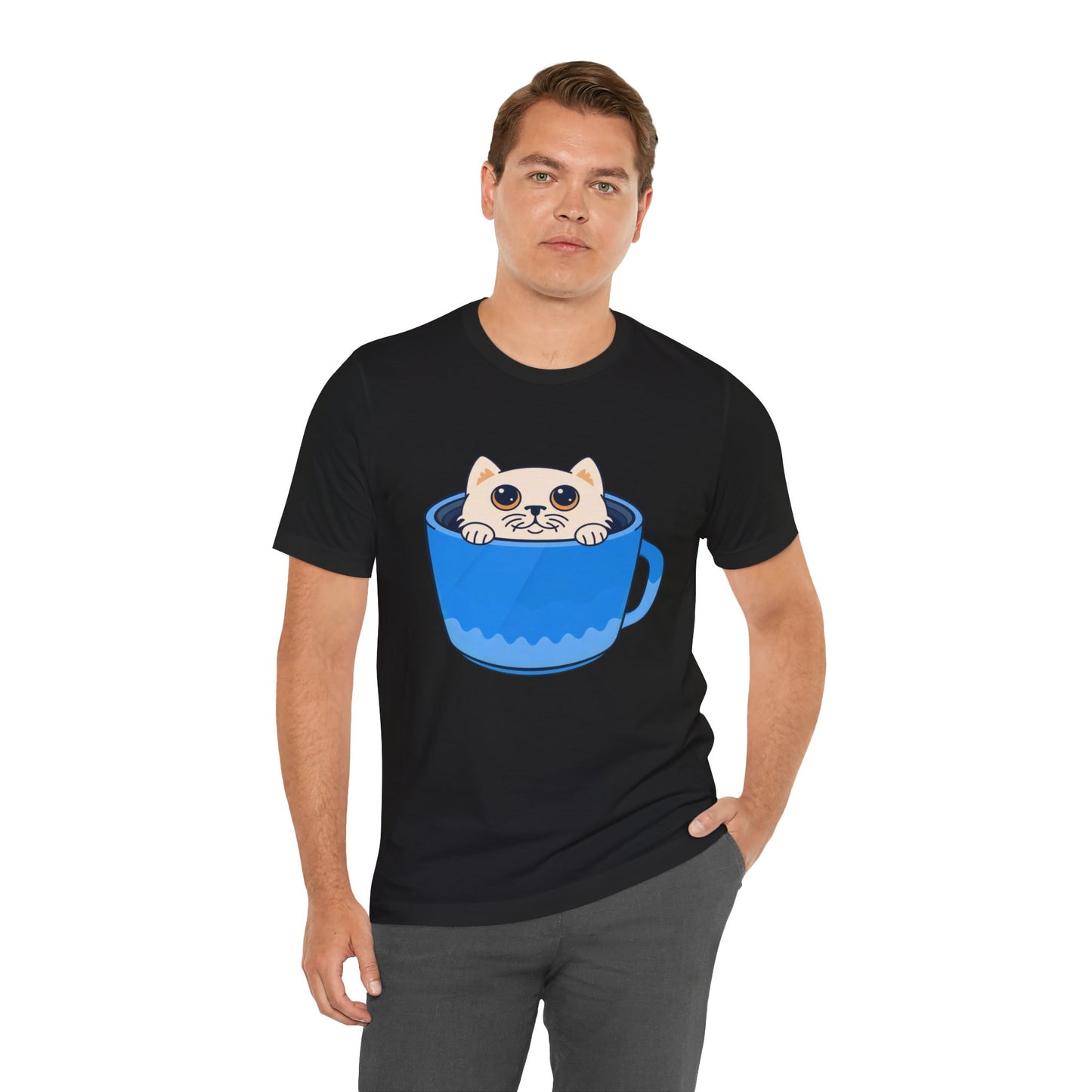 Cat in a Blue Mug T‑Shirt — Cute Kawaii Kitten Tee