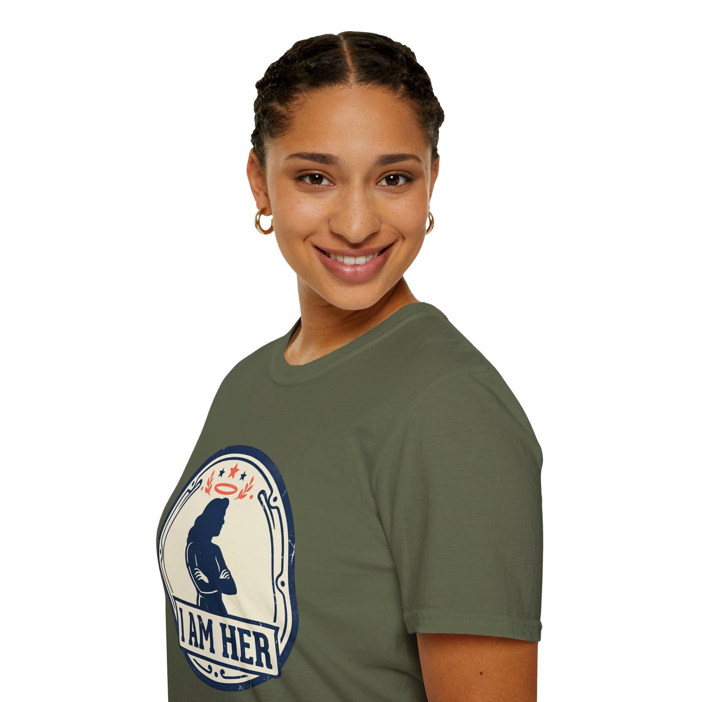 I Am Her Women’s T-Shirt — Empowering Mom & Woman Pride Vintage Badge Tee