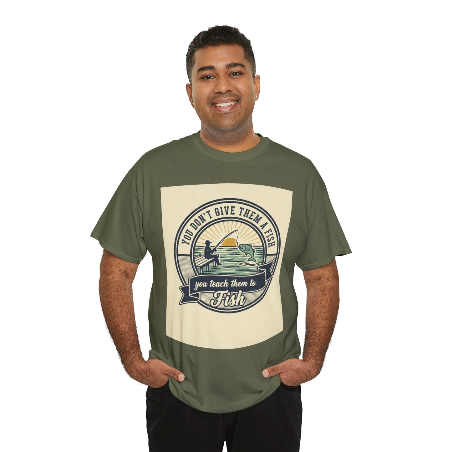 Fishing Vintage Badge T-Shirt — "You Don’t Give Them a Fish, You Teach Them to Fish" Graphic Tee