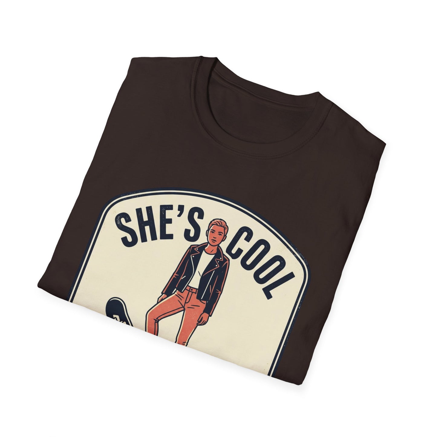 She's Cool Skateboarder T-Shirt — "She's Cool, She Can Ride On It" Retro Graphic Tee