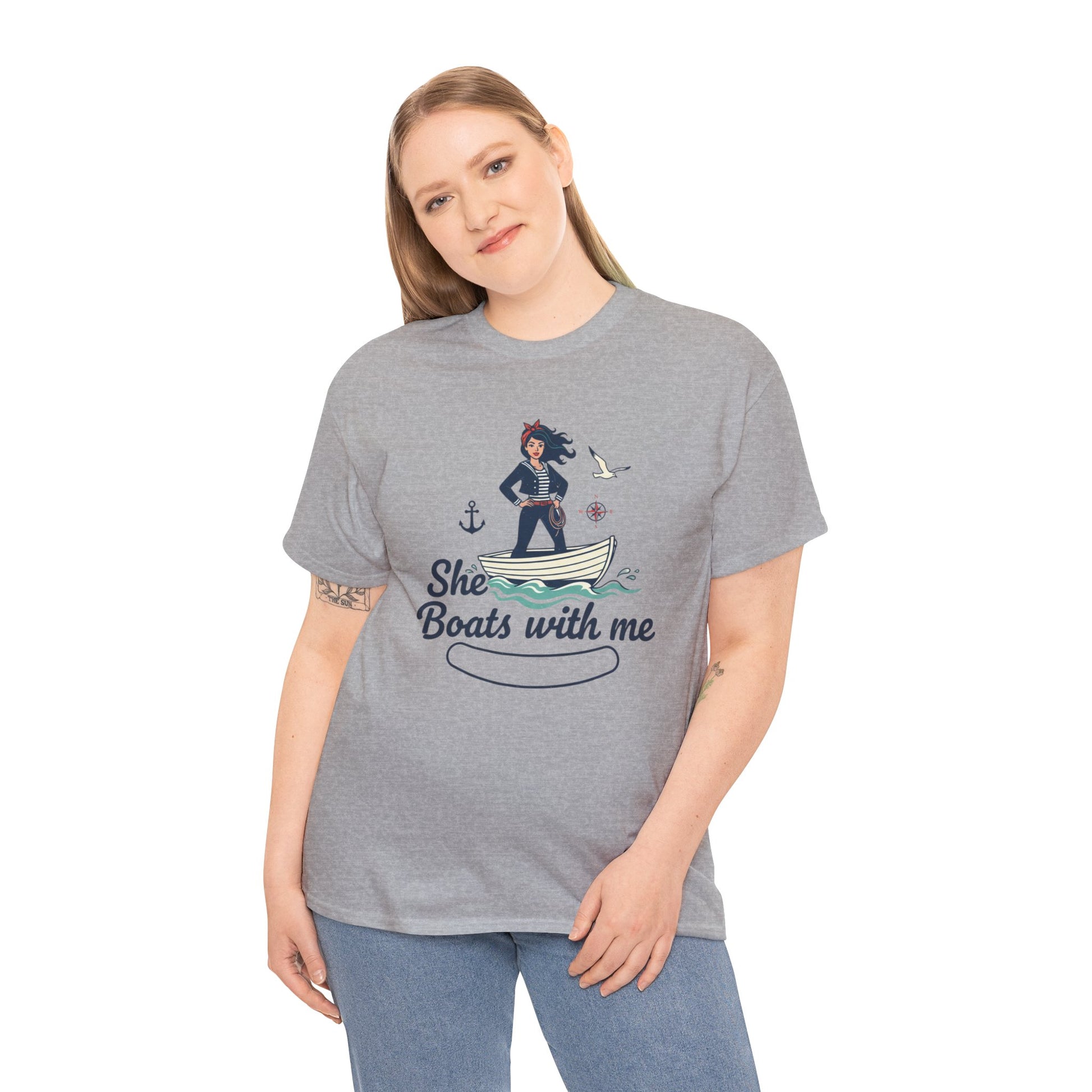 T-Shirt — "She Boats With Me" Nautical Couple Tee Printify
