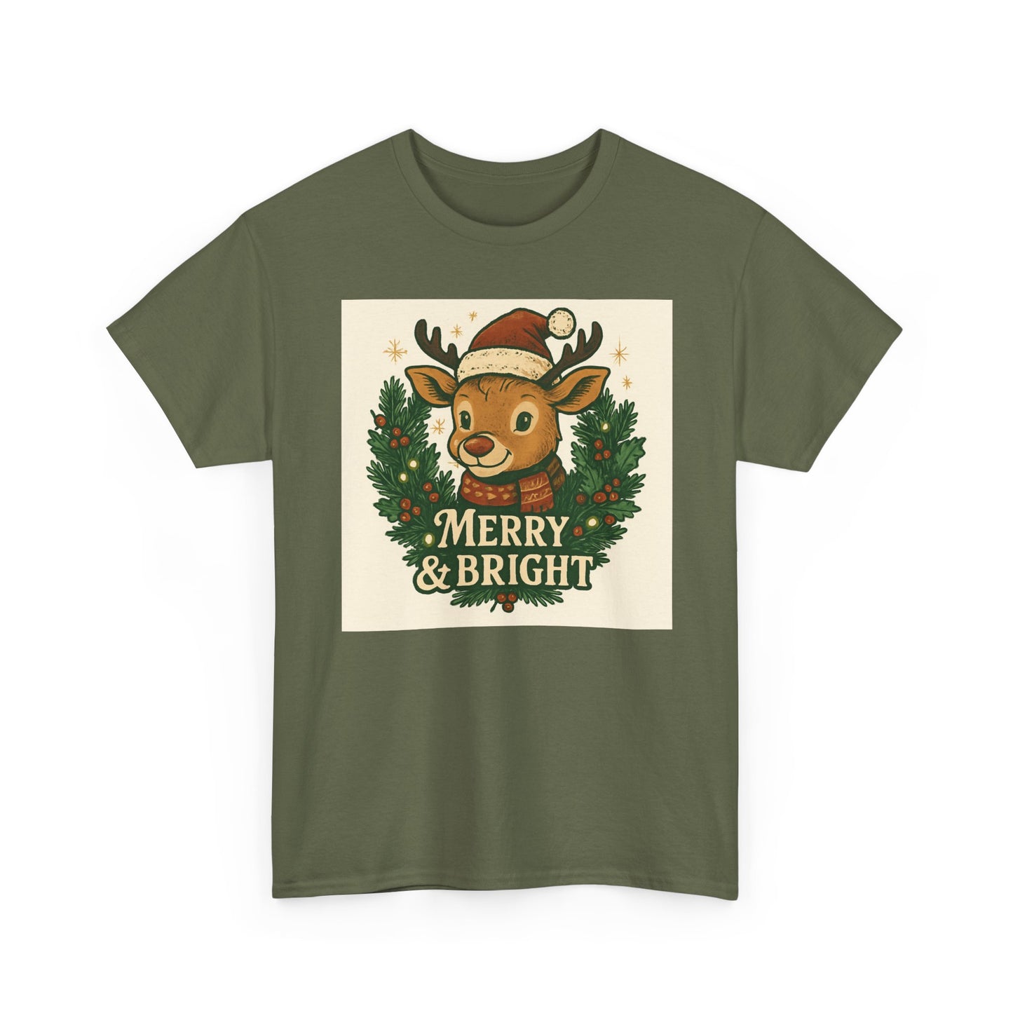Merry & Bright Reindeer Christmas T-Shirt Printify