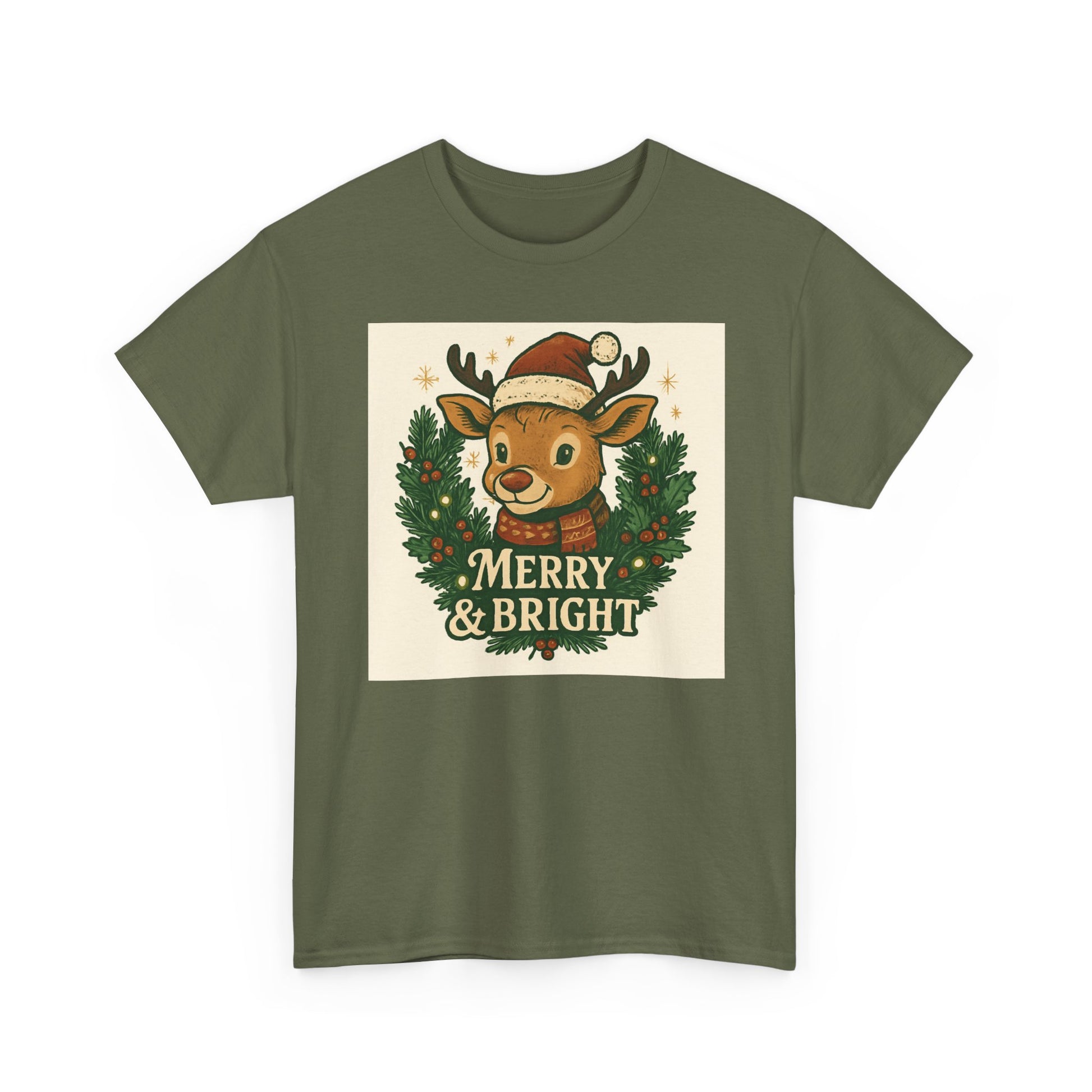 Merry & Bright Reindeer Christmas T-Shirt Printify