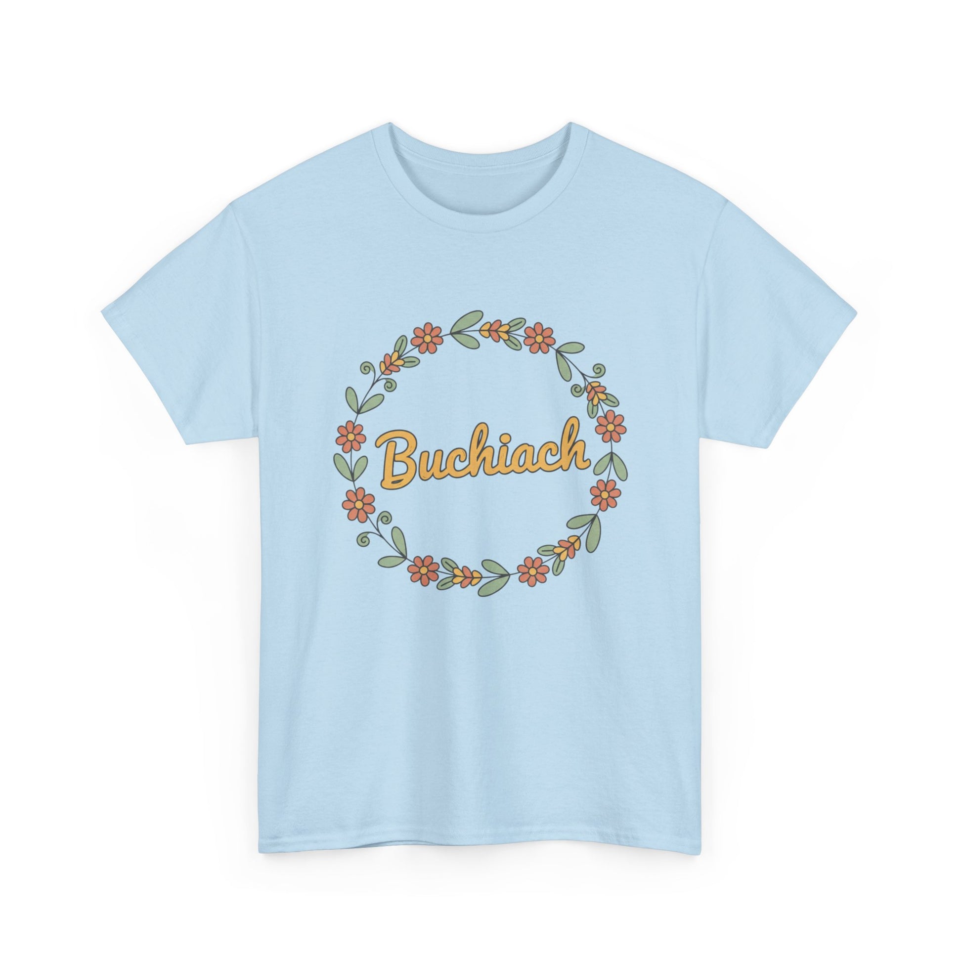 Buchiach Floral Wreath T-Shirt — Retro Script Garden Tee Printify