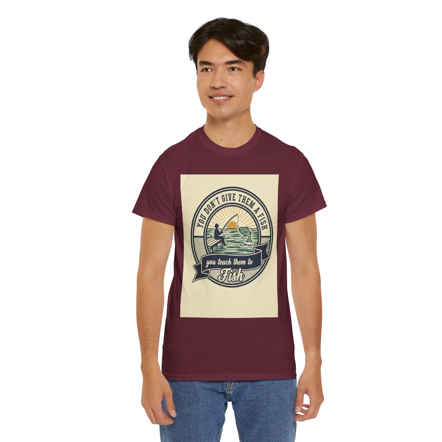 Fishing Vintage Badge T-Shirt — "You Don’t Give Them a Fish, You Teach Them to Fish" Graphic Tee
