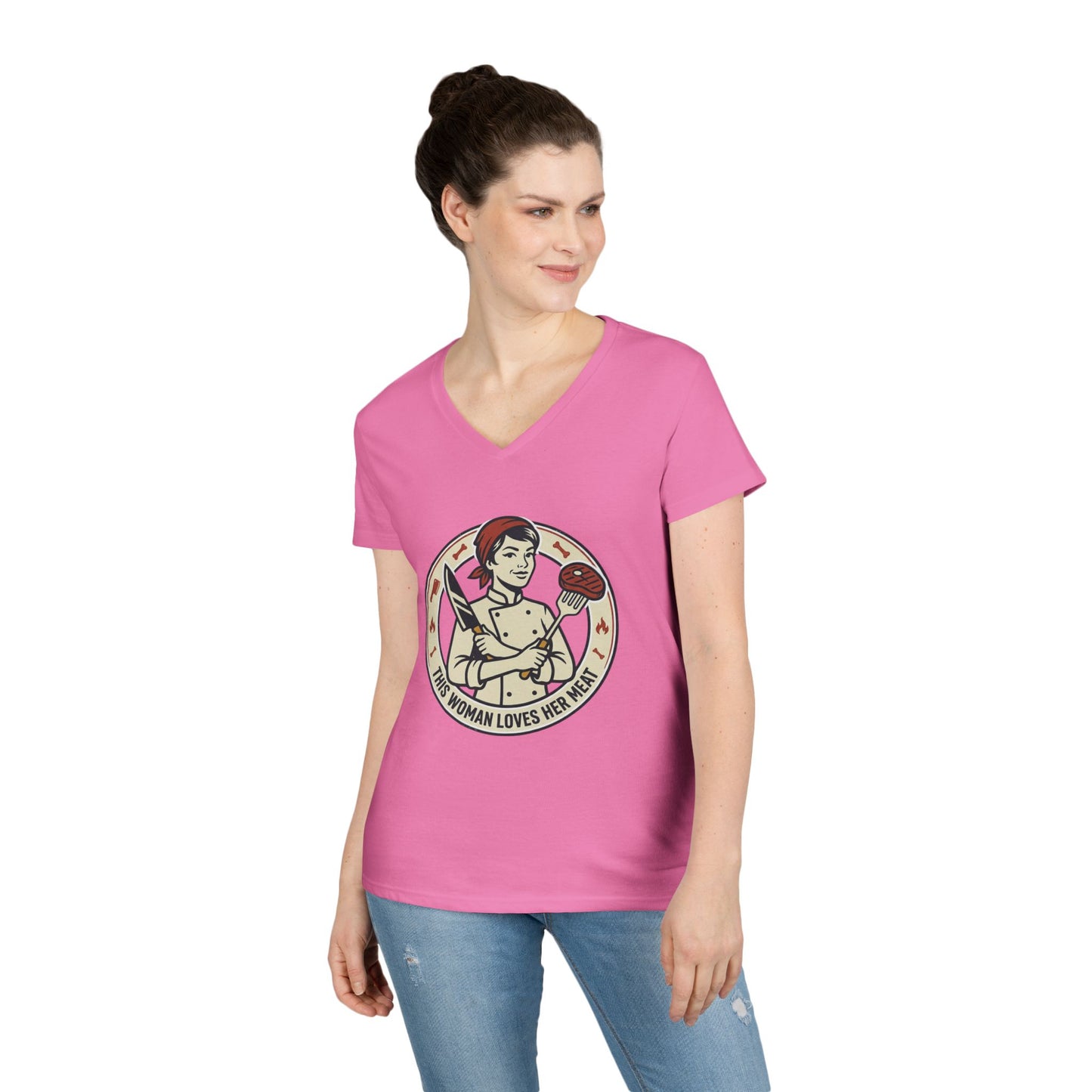 Ladies' V-Neck T-Shirt — "This Woman Loves Her Meat" Chef Graphic Tee