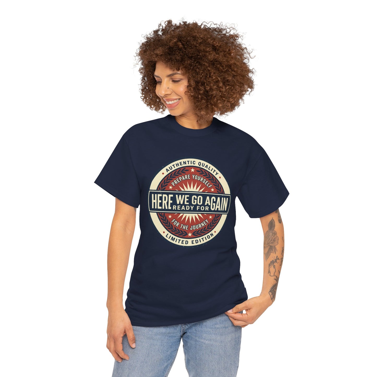 Here We Go Again Vintage Badge Tee — Retro Adventure Graphic T-Shirt