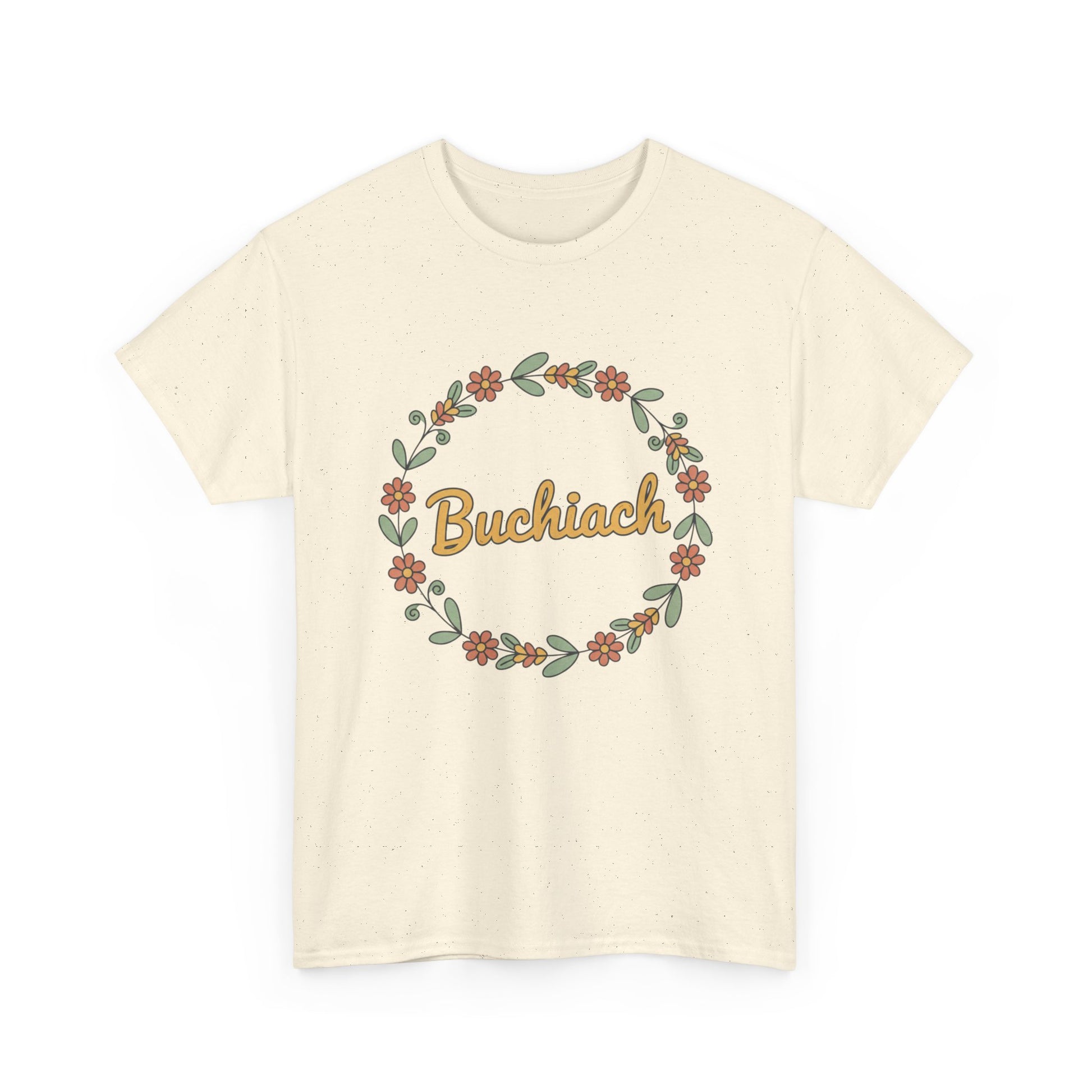 Buchiach Floral Wreath T-Shirt — Retro Script Garden Tee Printify