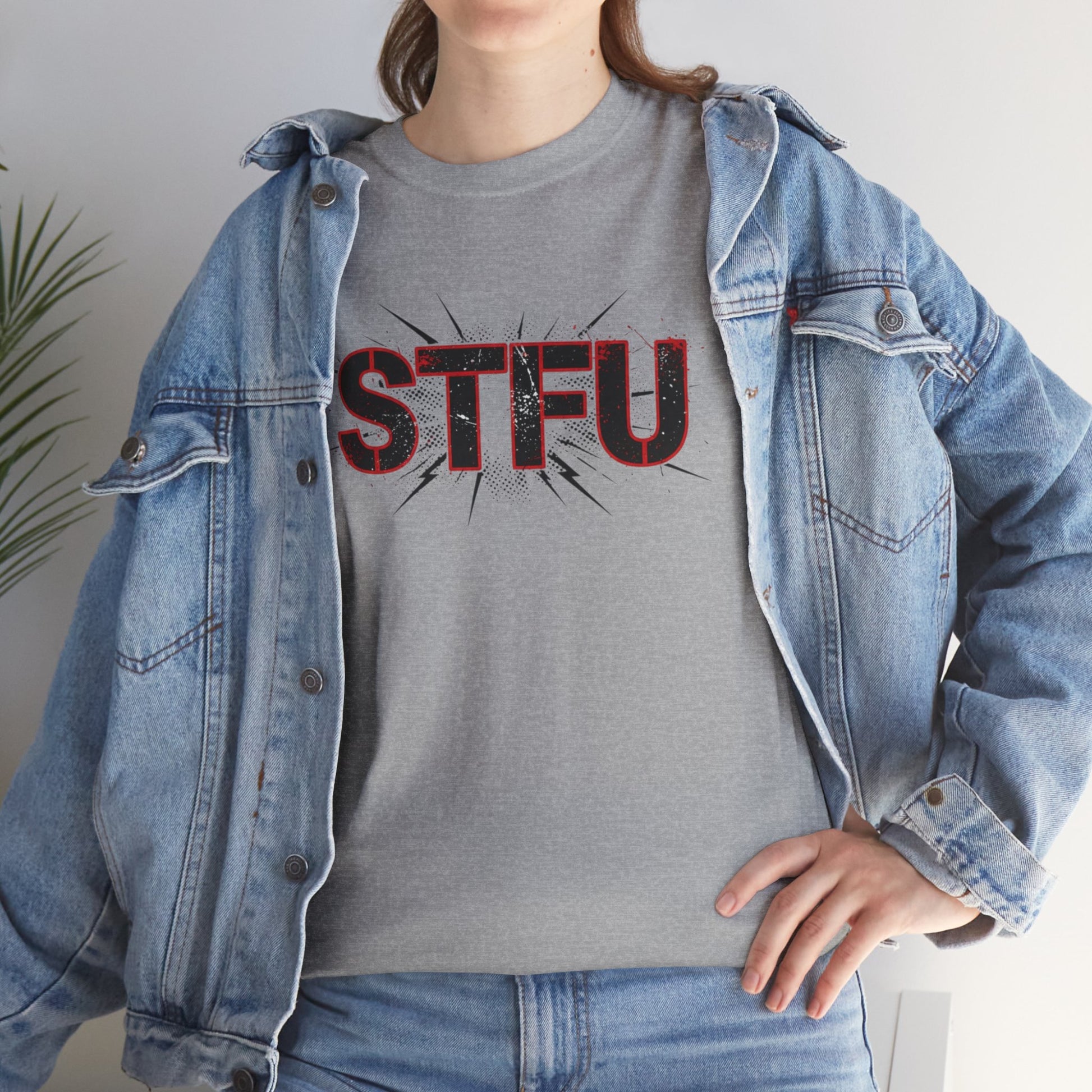 STFU Graphic Tee — Bold Distressed Text Shirt for Statement Style Printify
