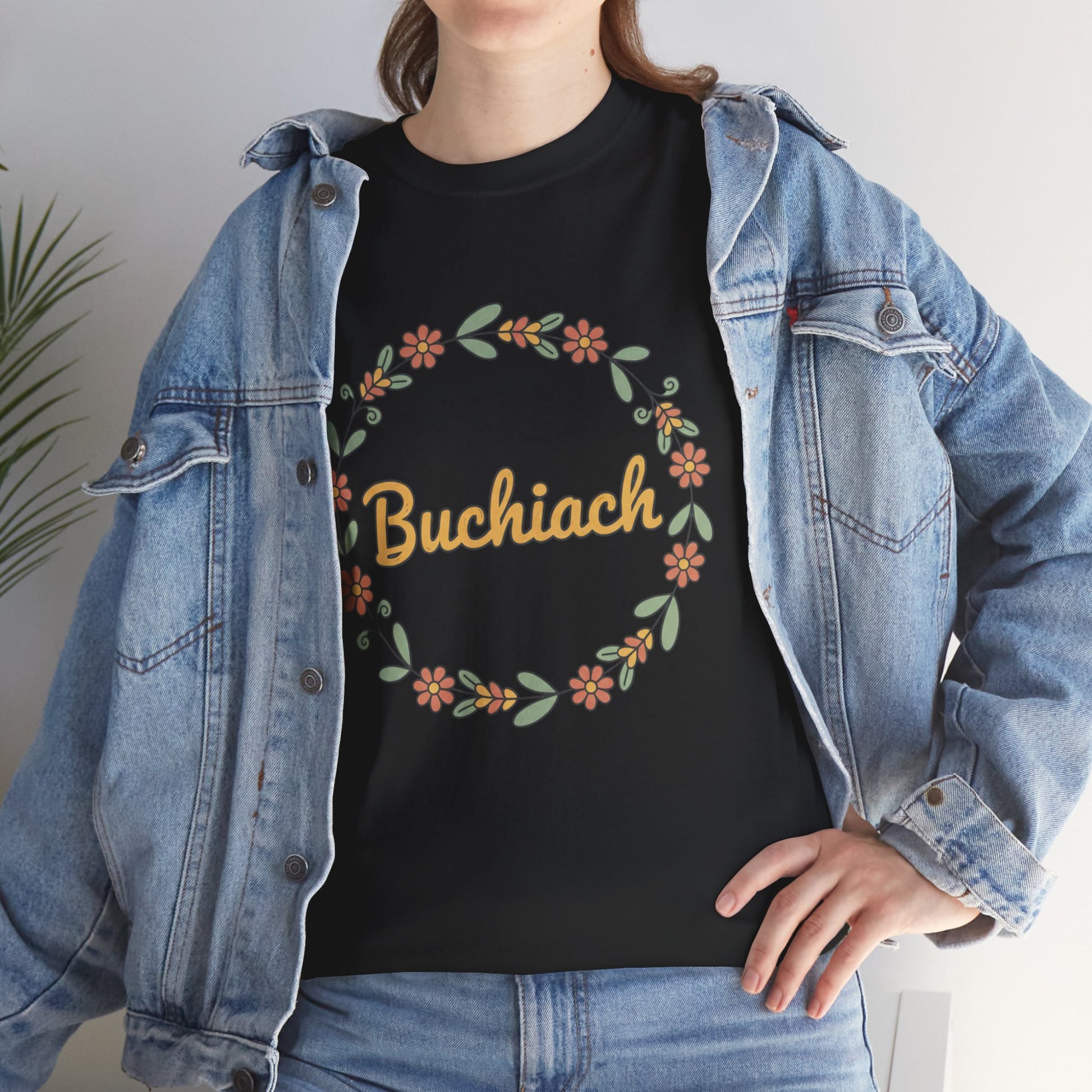 Buchiach Floral Wreath T-Shirt — Retro Script Garden Tee Printify