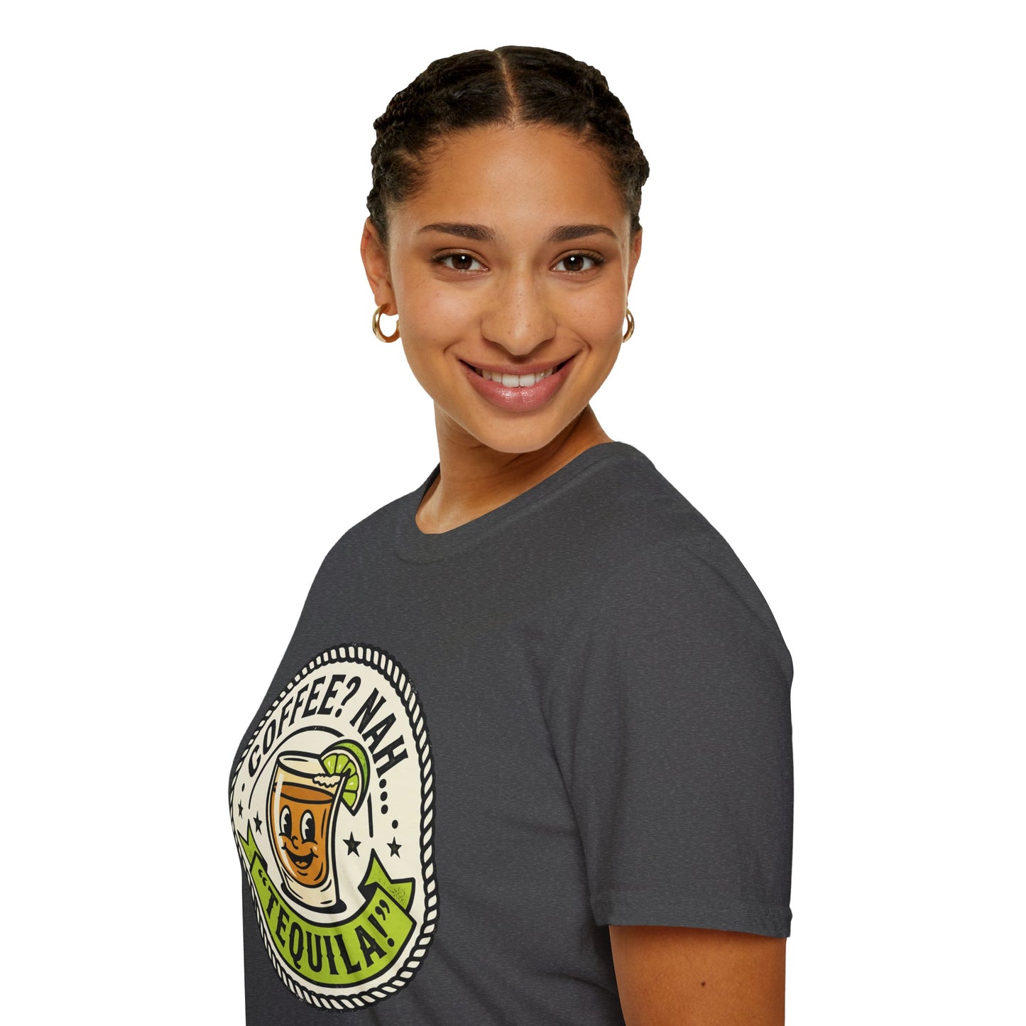 Coffee? Nah, Tequila! T-Shirt – Funny Shot Glass Graphic Tee for Party Lovers