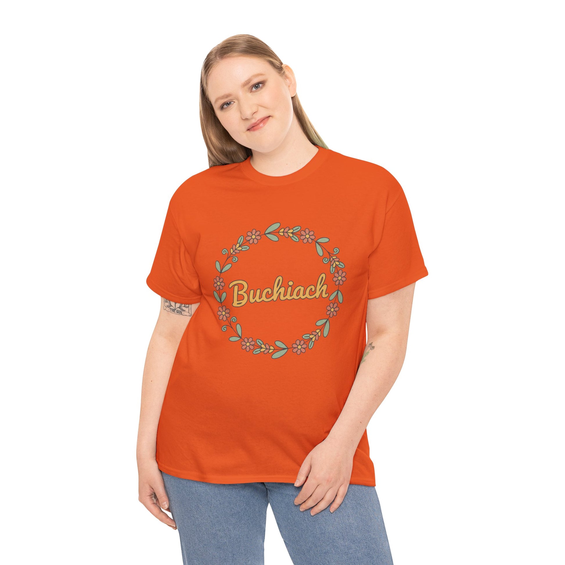Buchiach Floral Wreath T-Shirt — Retro Script Garden Tee Printify