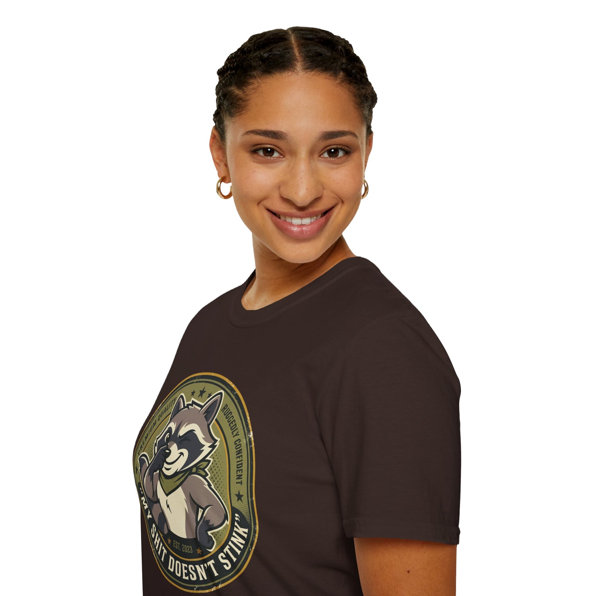 Raccoon Badge T-Shirt — "My Shit Doesn't Stink" Funny Graphic Tee Printify