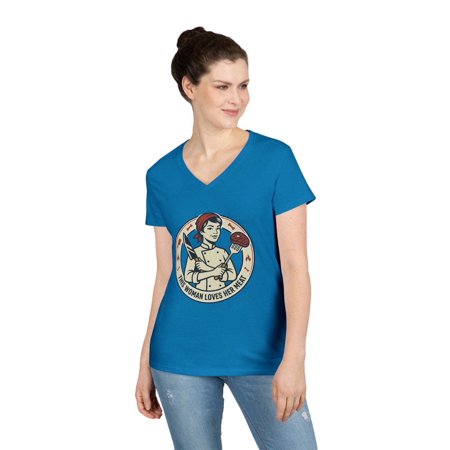 Ladies' V-Neck T-Shirt — "This Woman Loves Her Meat" Chef Graphic Tee