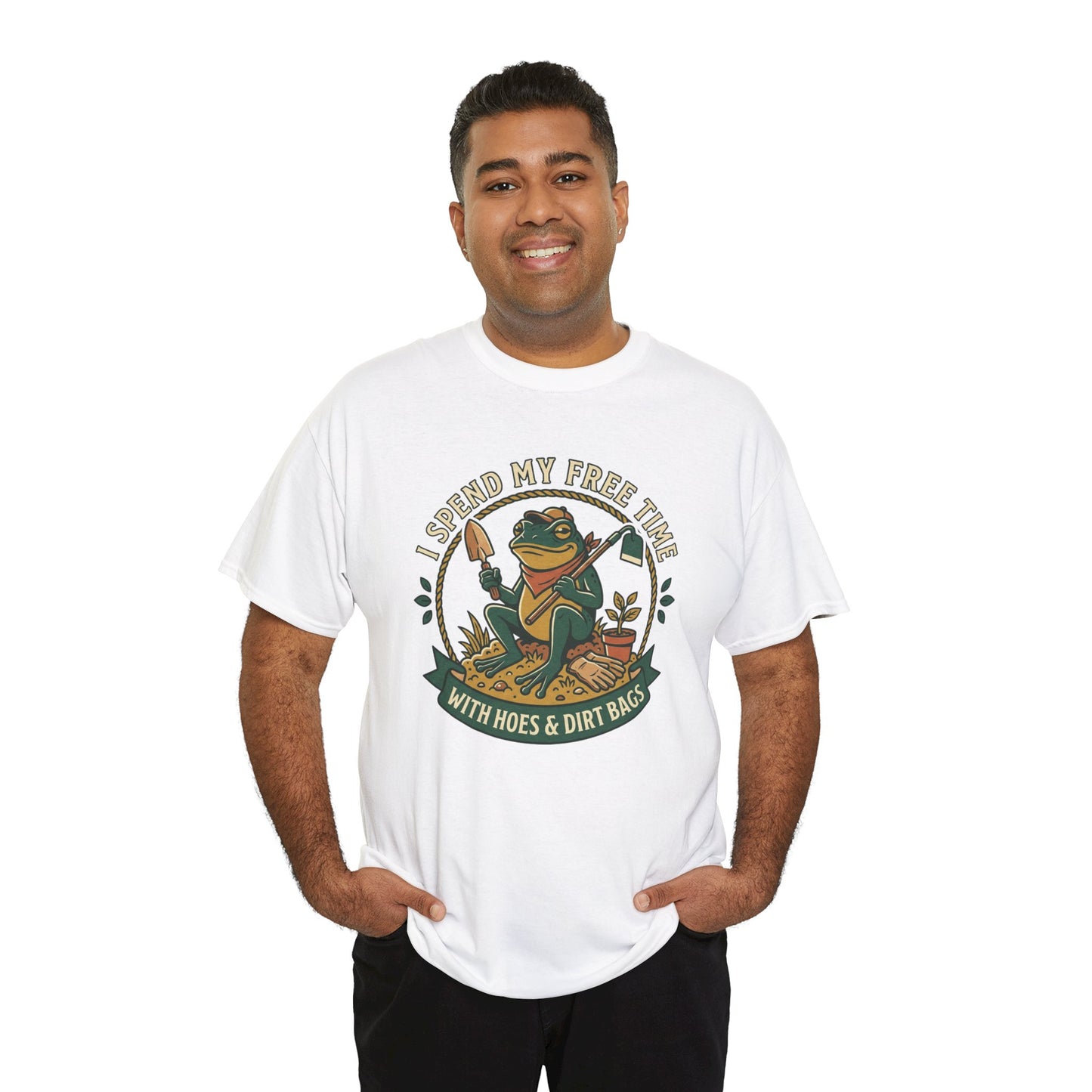 Gardening Frog T-Shirt — "I Spend My Free Time With Hoes & Dirt Bags" Funny Garden Tee