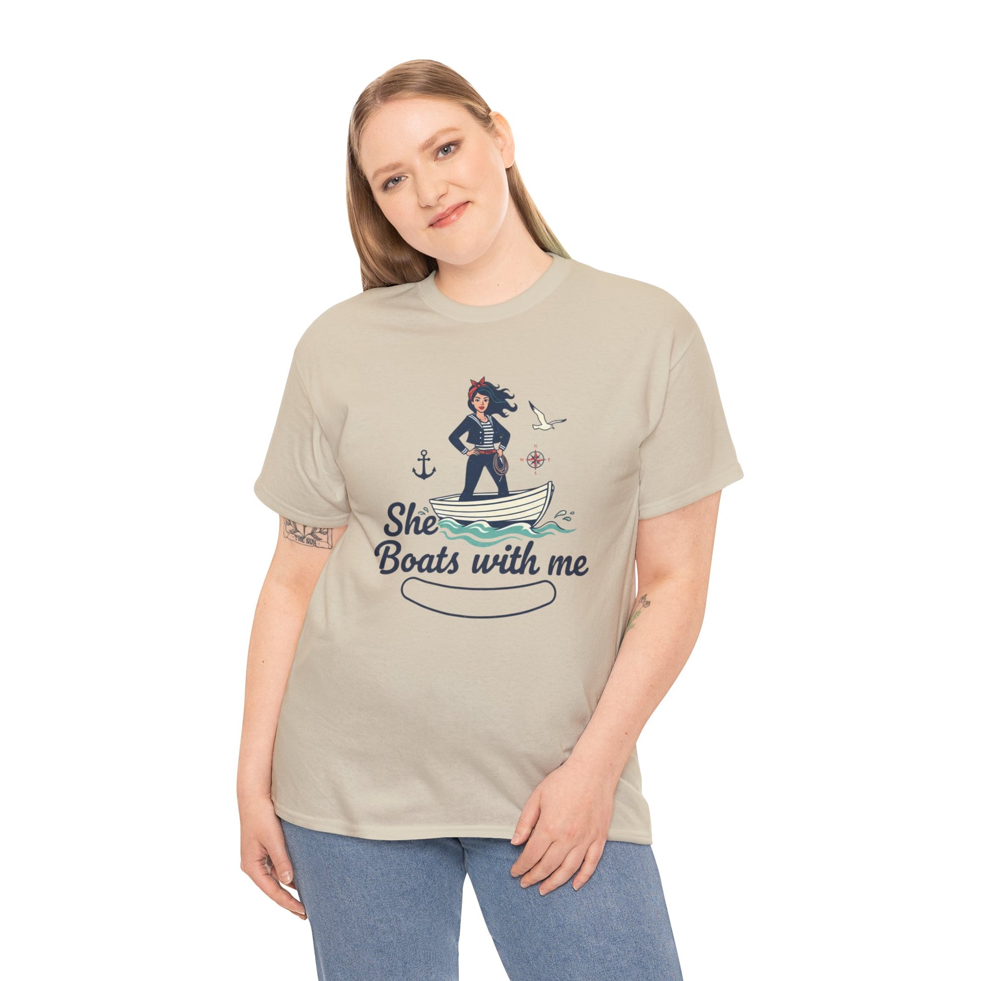 T-Shirt — "She Boats With Me" Nautical Couple Tee Printify
