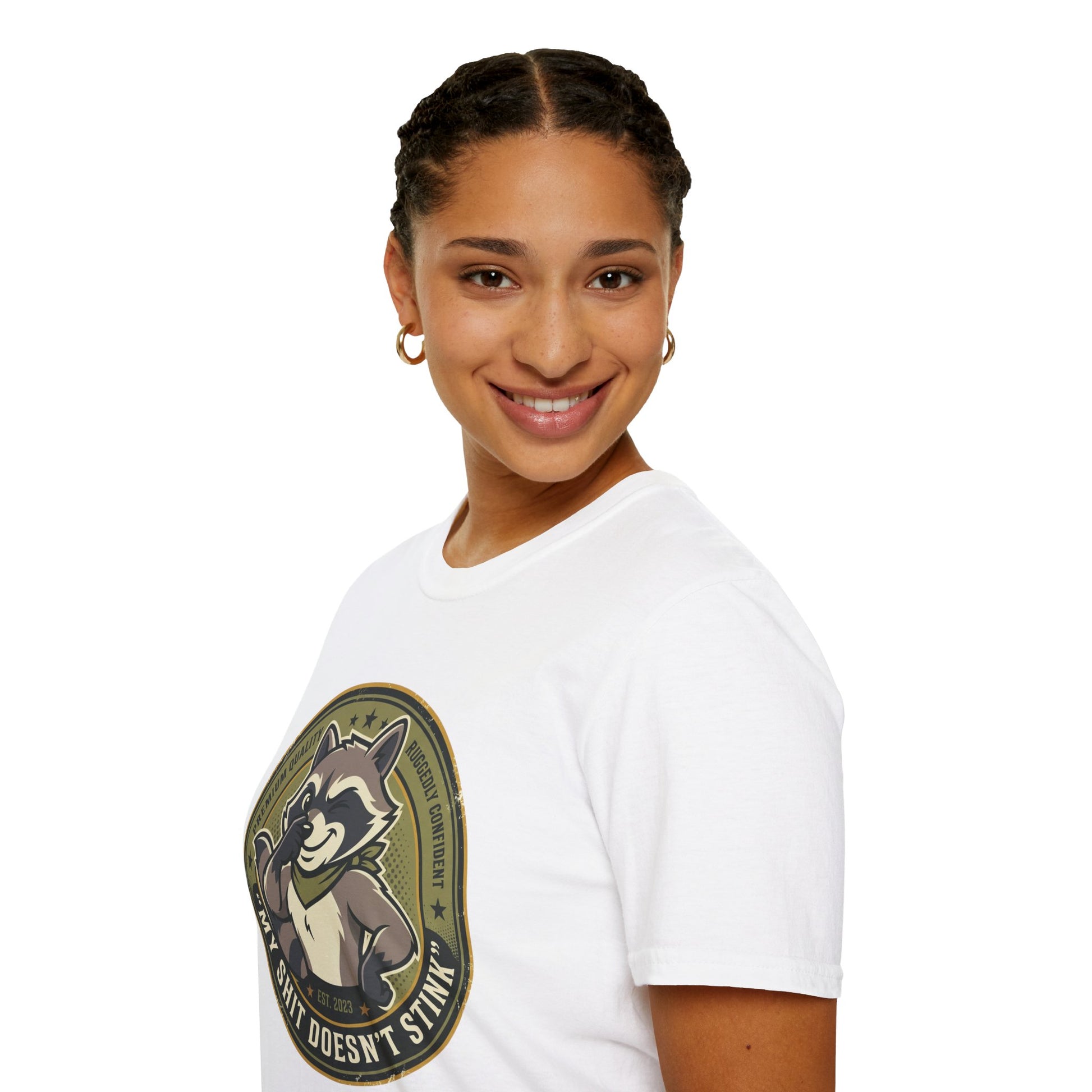 Raccoon Badge T-Shirt — "My Shit Doesn't Stink" Funny Graphic Tee Printify