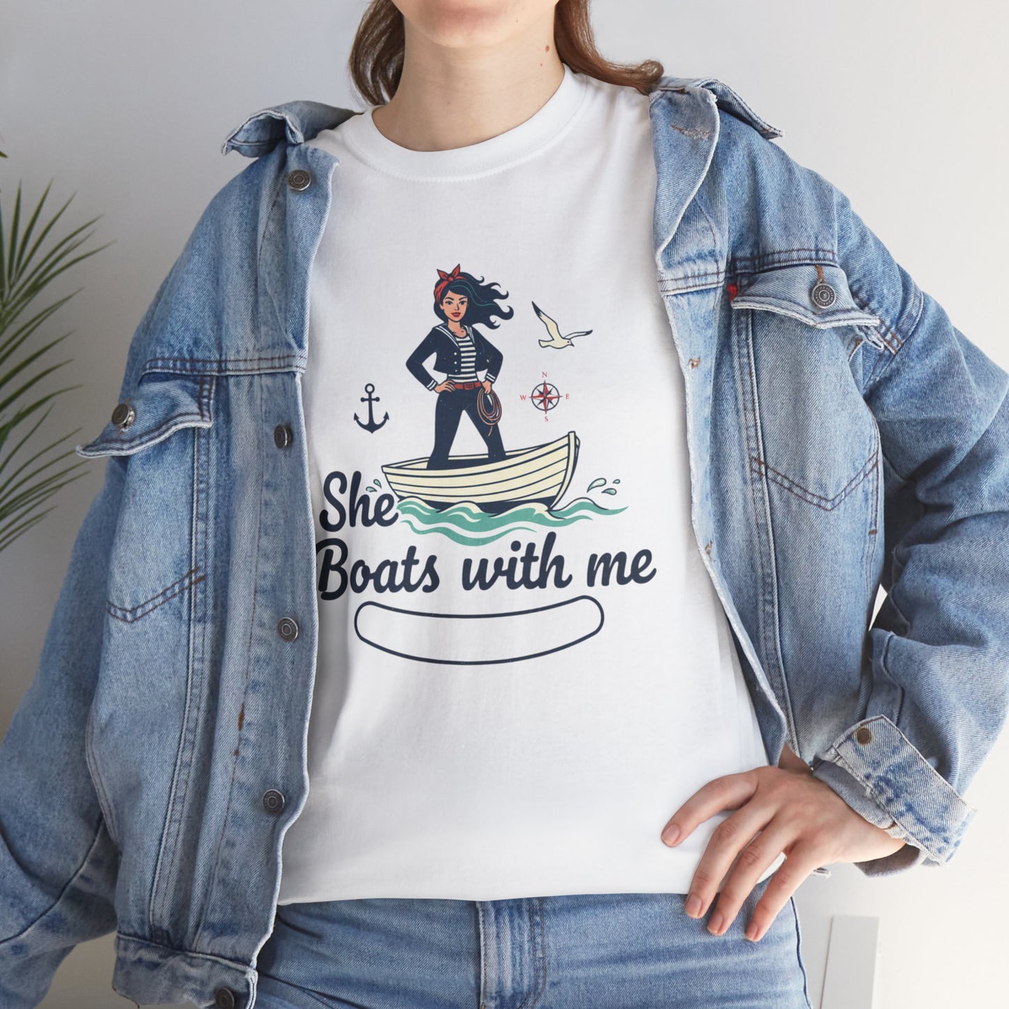 T-Shirt — "She Boats With Me" Nautical Couple Tee Printify