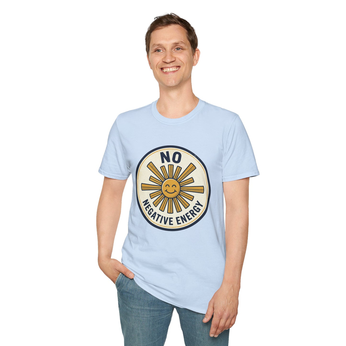 No Negative Energy T-Shirt — Retro Smiling Sun Positive Vibes Tee