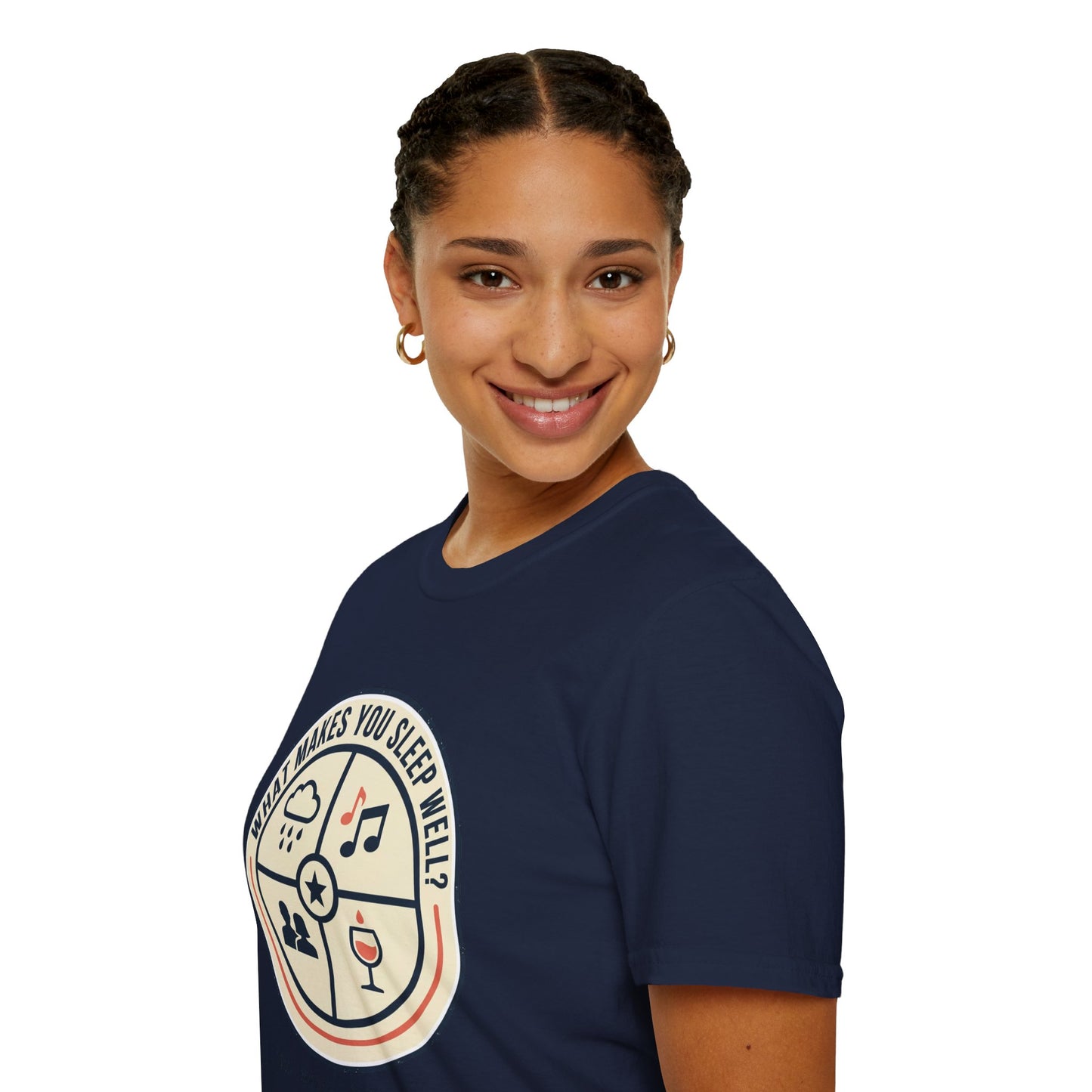 "What Makes You Sleep Well?" Rain, Music, Sex, Drink Graphic-Sleep Essentials T‑Shirt