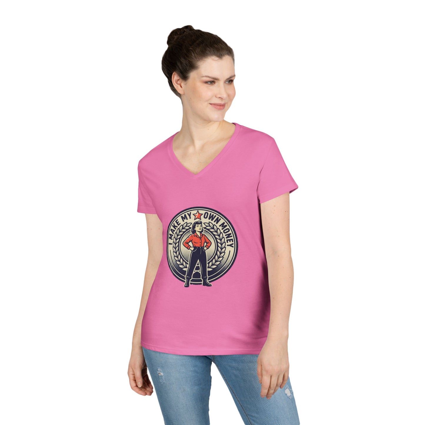 Ladies' V-Neck T-Shirt — "I Make My Own Money" Empowered Retro Worker Graphic Tee