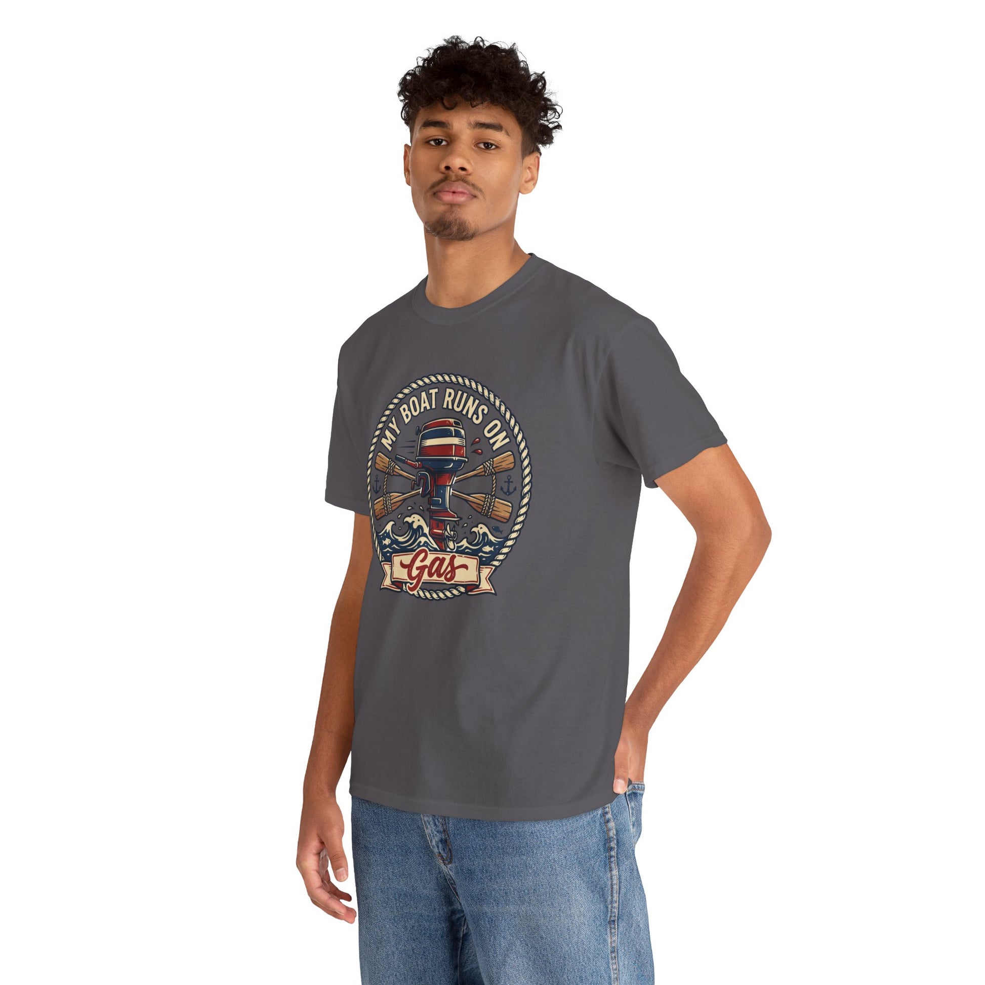 Boat Runs on Gas T-Shirt — Vintage Outboard Motor Fishing Tee Printify