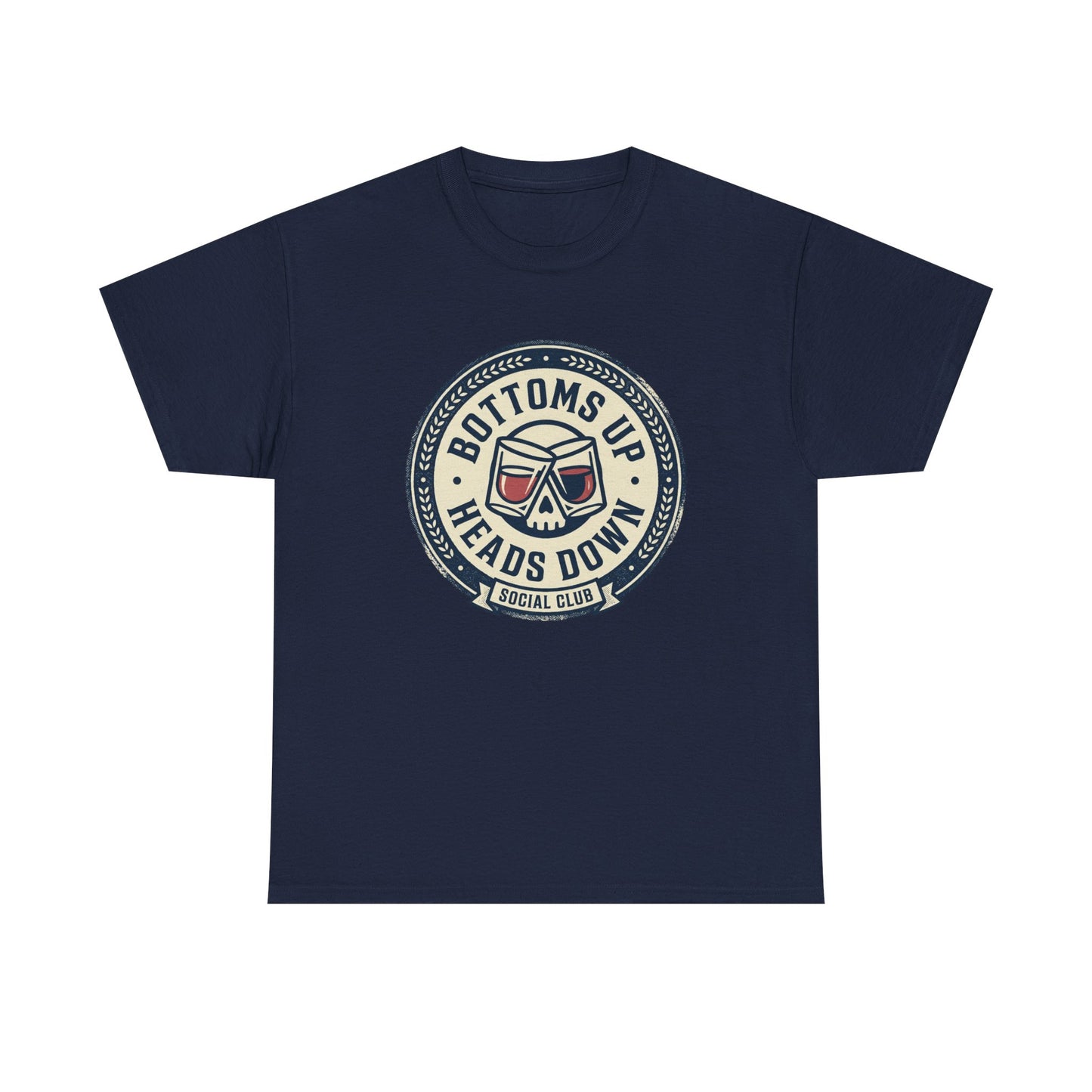 "Bottoms Up Heads Down" Skull Beer Logo Tee