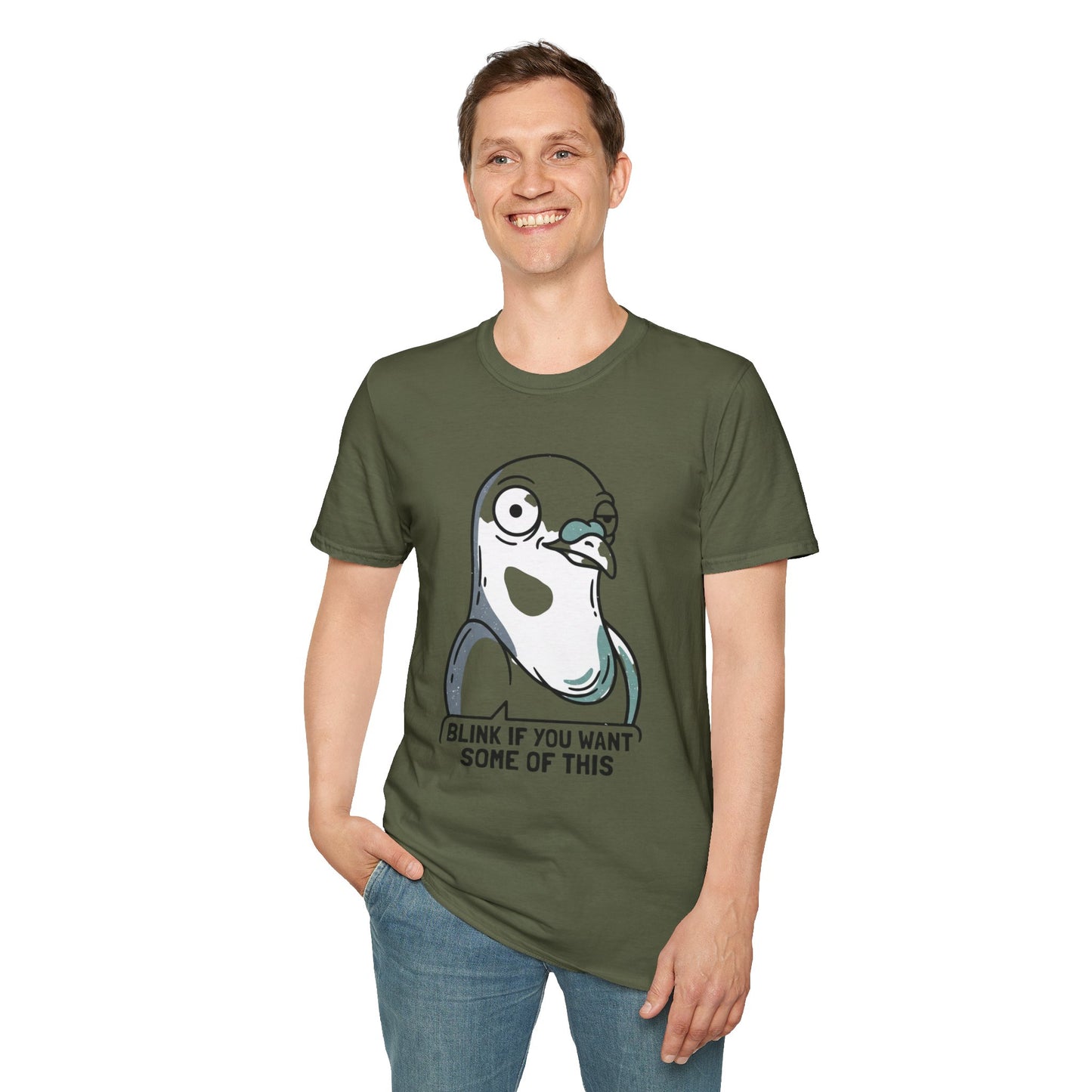 Pigeon Meme T‑Shirt — “Blink If You Want Some Of This” Funny Graphic Tee