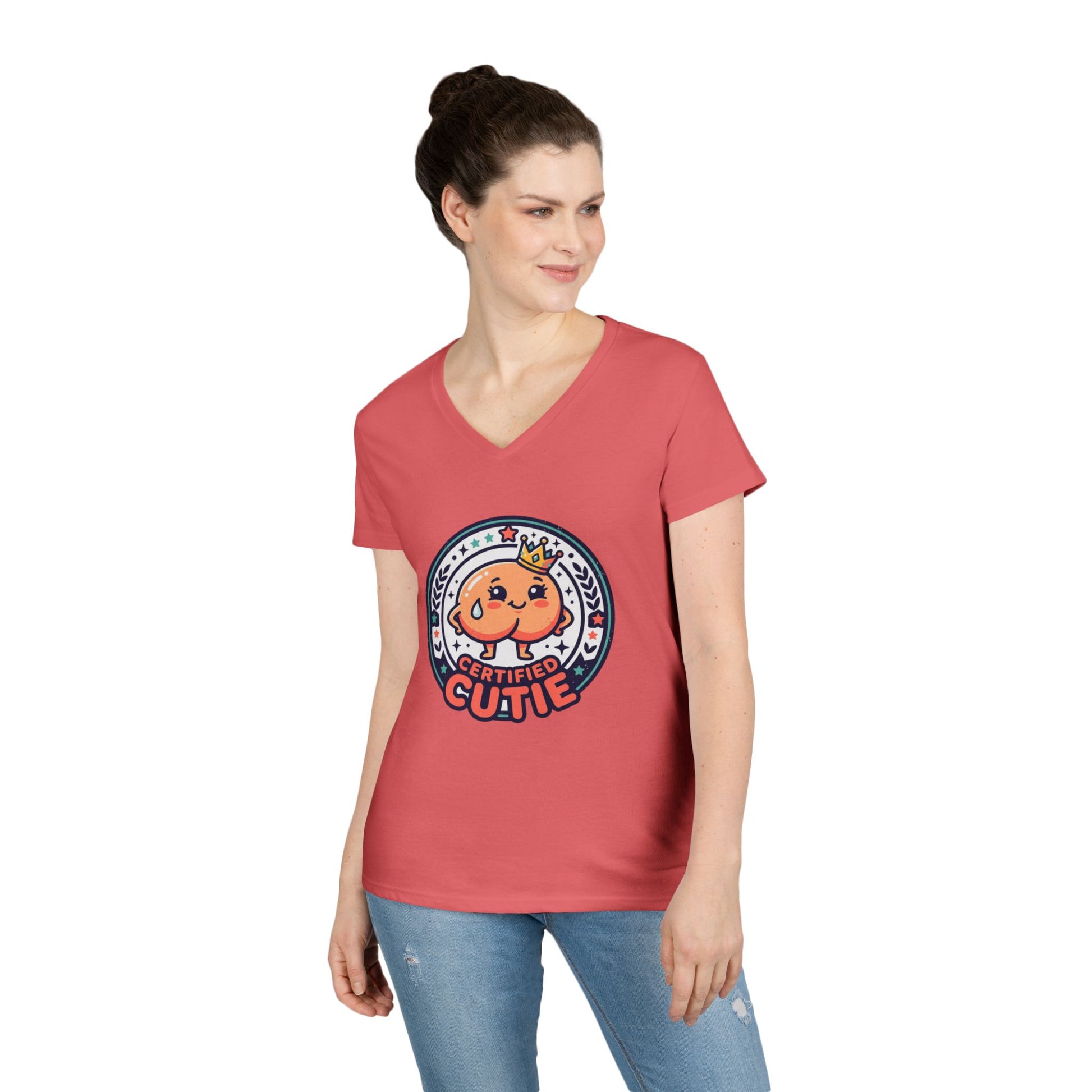 Certified Cutie V-Neck T-Shirt — Cute Cartoon Badge Graphic Tee for Women Printify