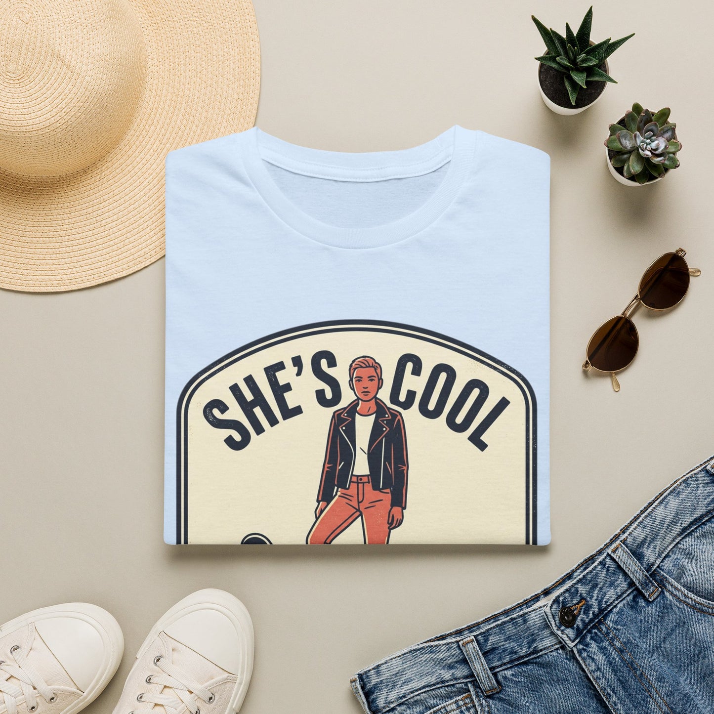 She's Cool Skateboarder T-Shirt — "She's Cool, She Can Ride On It" Retro Graphic Tee