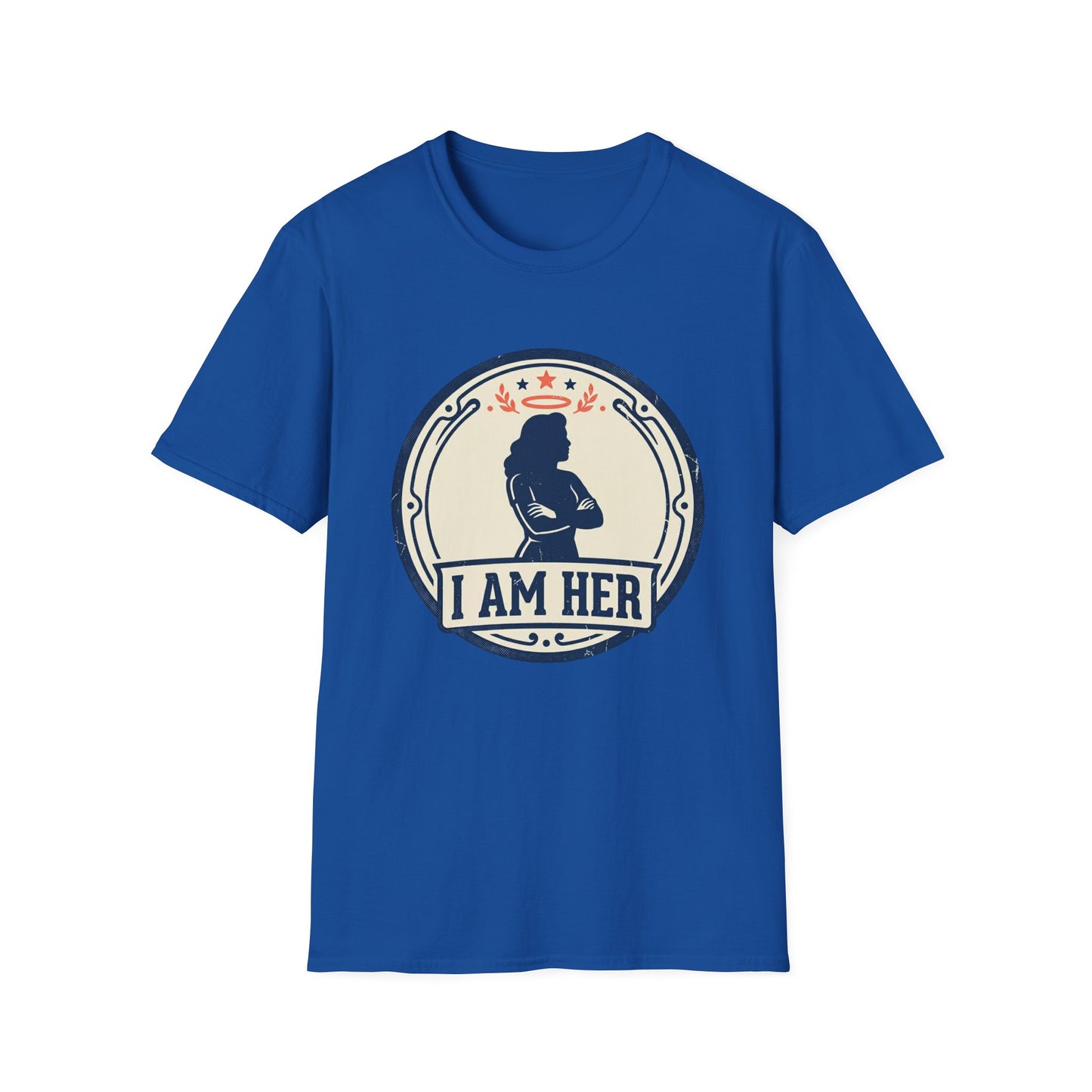 I Am Her Women’s T-Shirt — Empowering Mom & Woman Pride Vintage Badge Tee