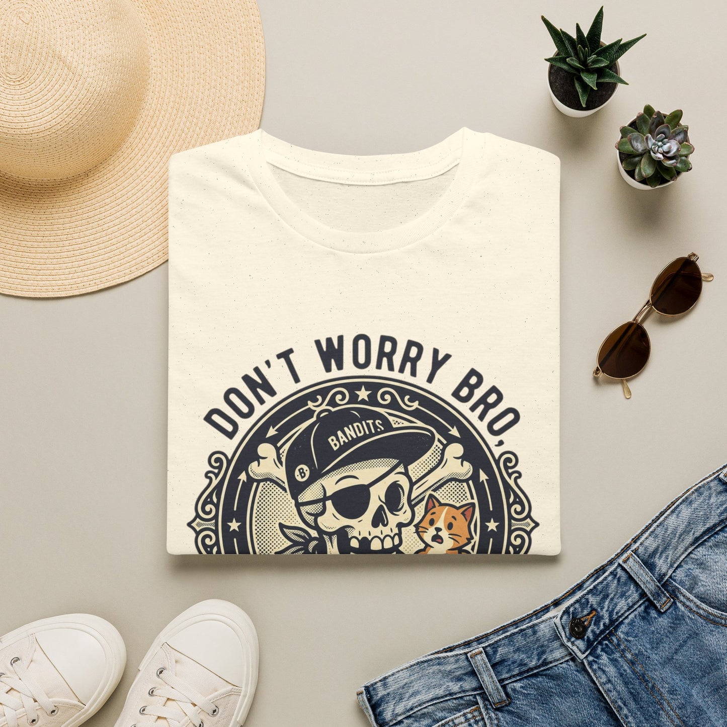 Skull & Cat T-Shirt — "Don't Worry Bro, I'll Give Her Back" Vintage Tee
