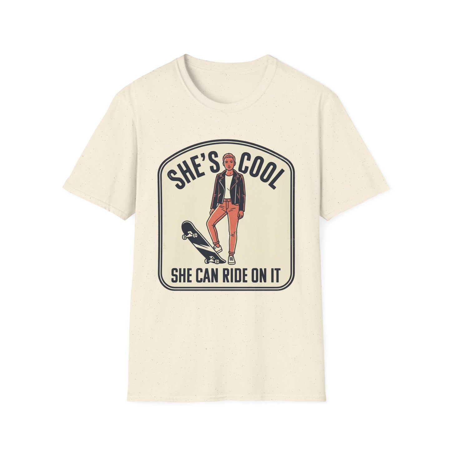 She's Cool Skateboarder T-Shirt — "She's Cool, She Can Ride On It" Retro Graphic Tee