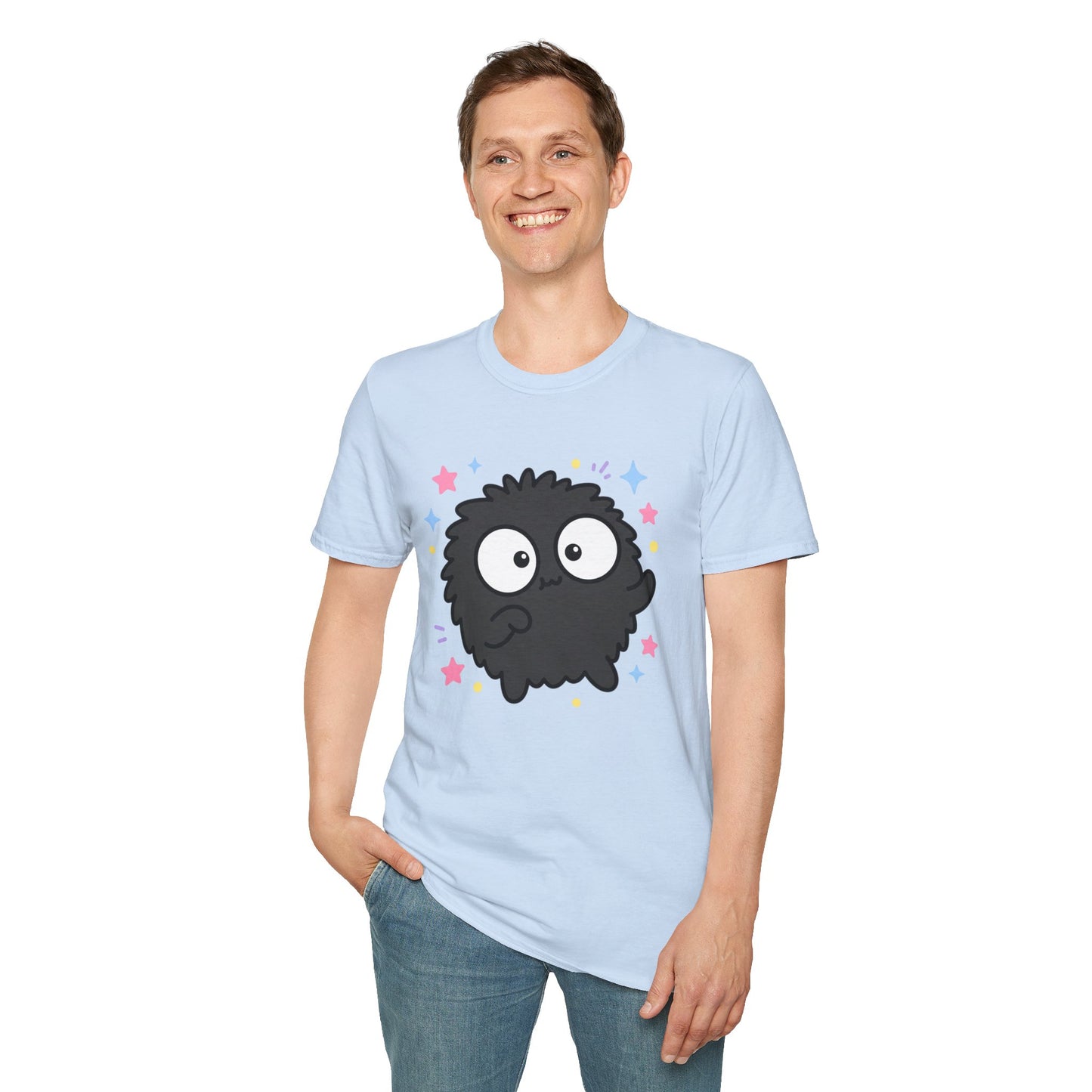 Cute Black Fuzzball T-Shirt — Kawaii Monster Tee with Stars
